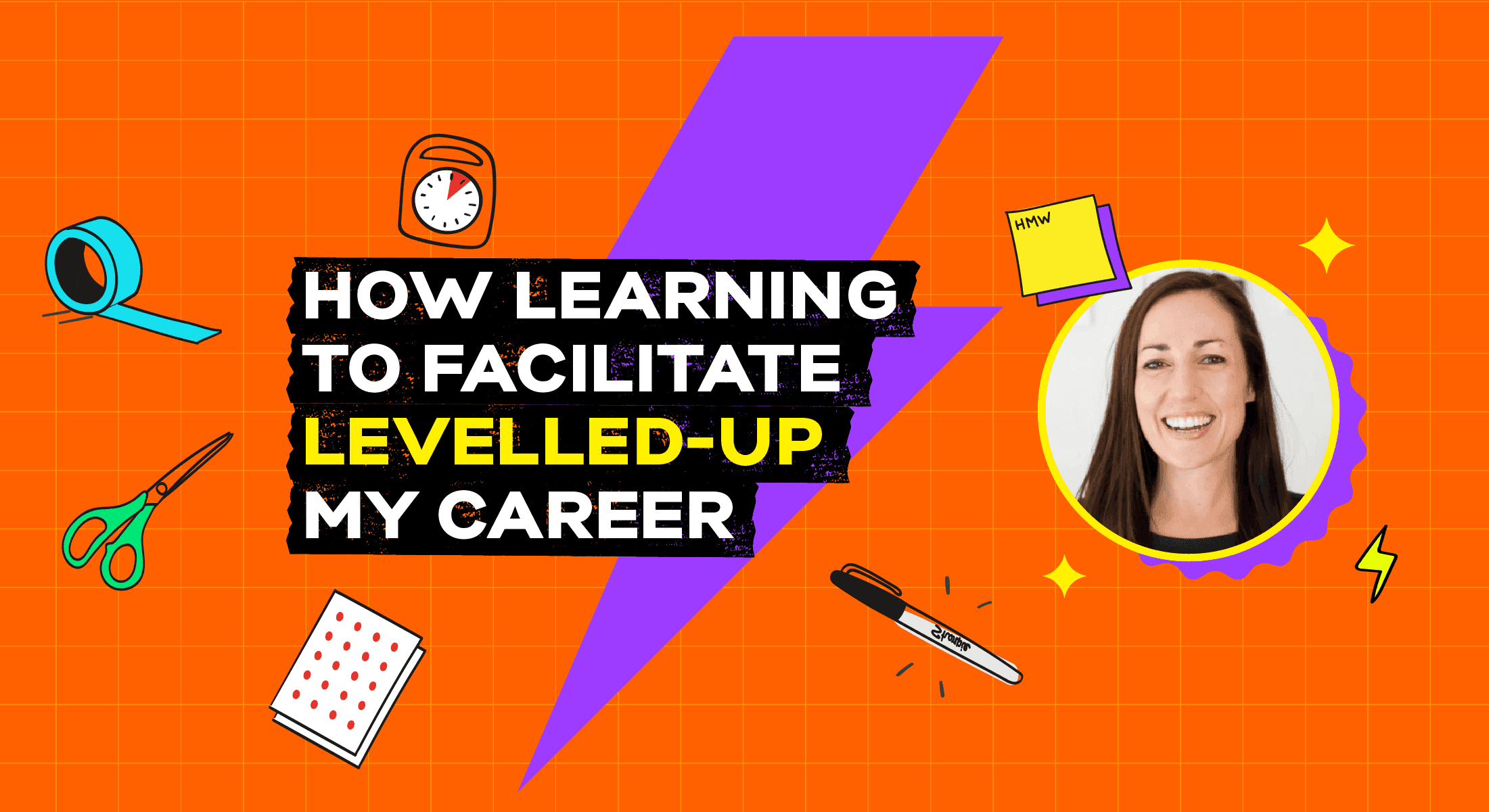 Career growth banner with facilitator portrait, scissors, tape, timer, and marker on orange grid