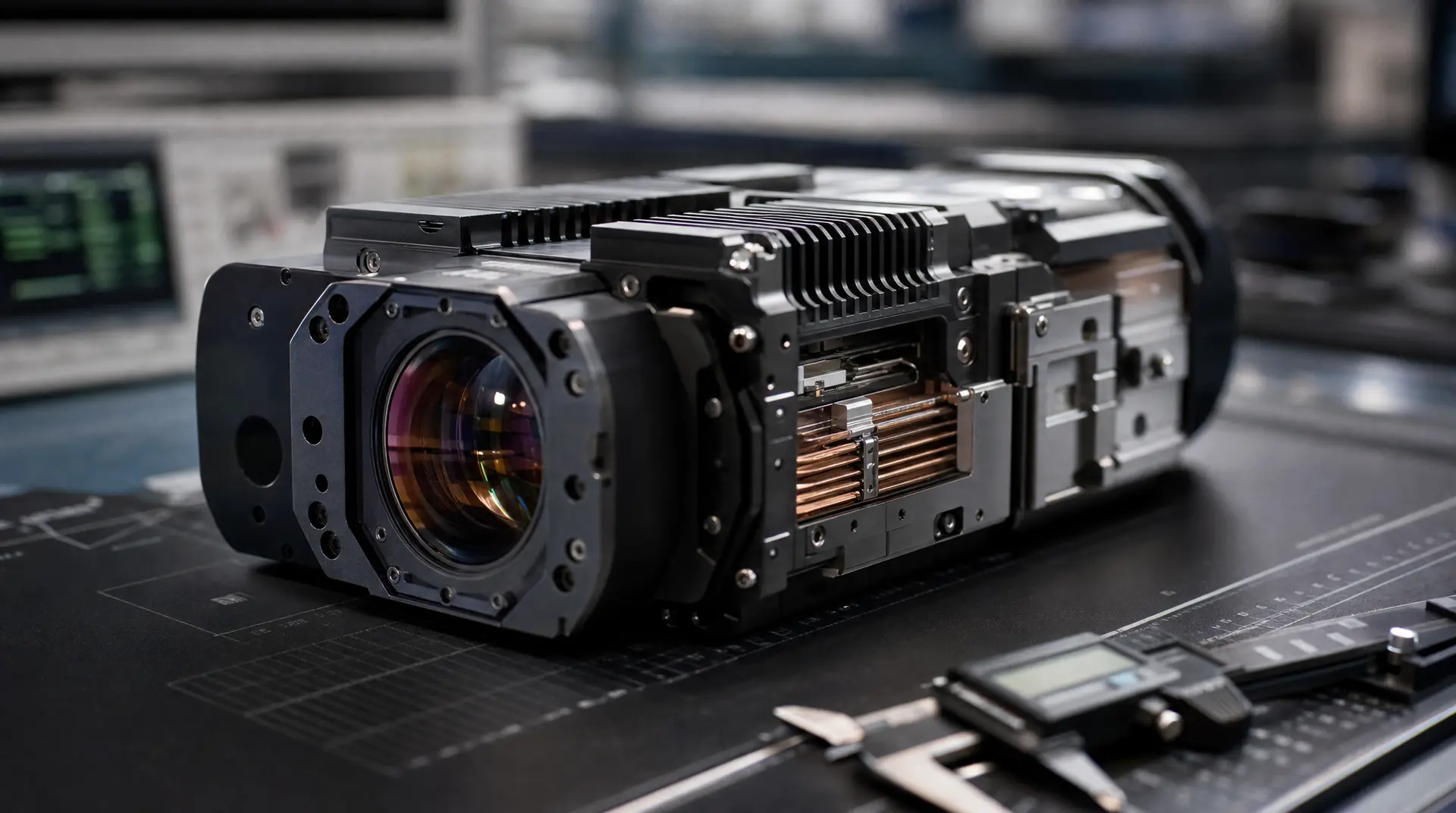 A close-up of a precision optical device on a lab workbench, showing lens and heat-sink fins, with deep tech marketing themes reflected in the engineered detail.