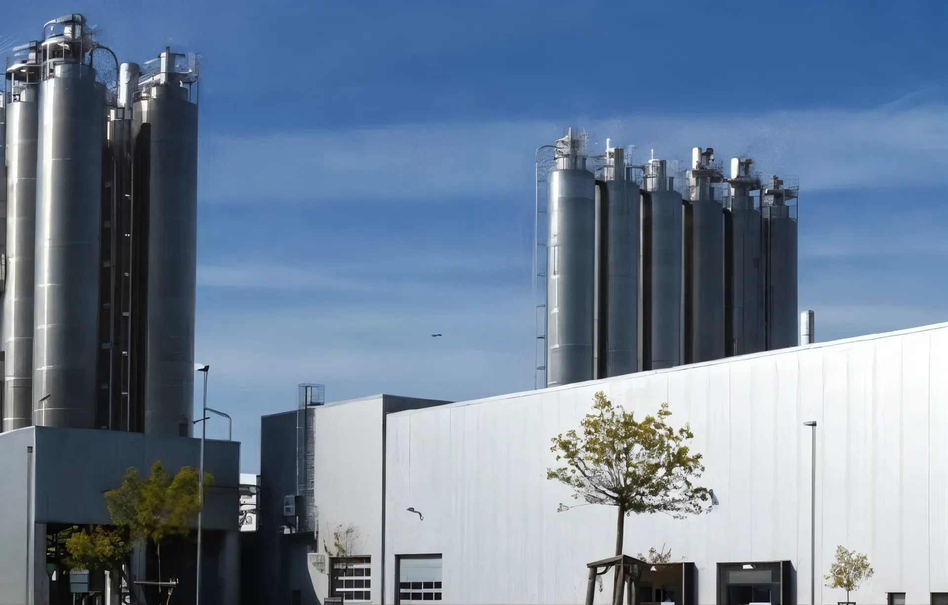 Image 2: Industrial facility with large silos and warehouse buildings under blue sky