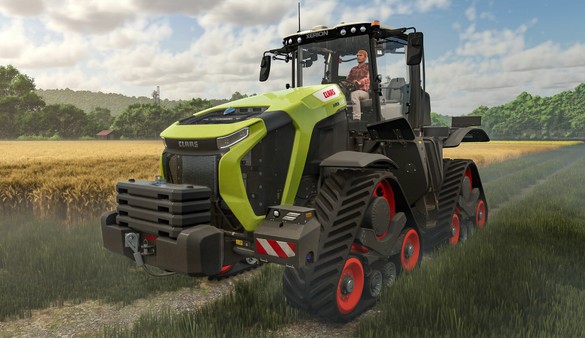 Screenshot du jeu Farming Simulator 25 avec un tracteur CLAAS sur chenilles dans un champ de blé. Modèle haute puissance, décor rural et ciel partiellement nuageux.