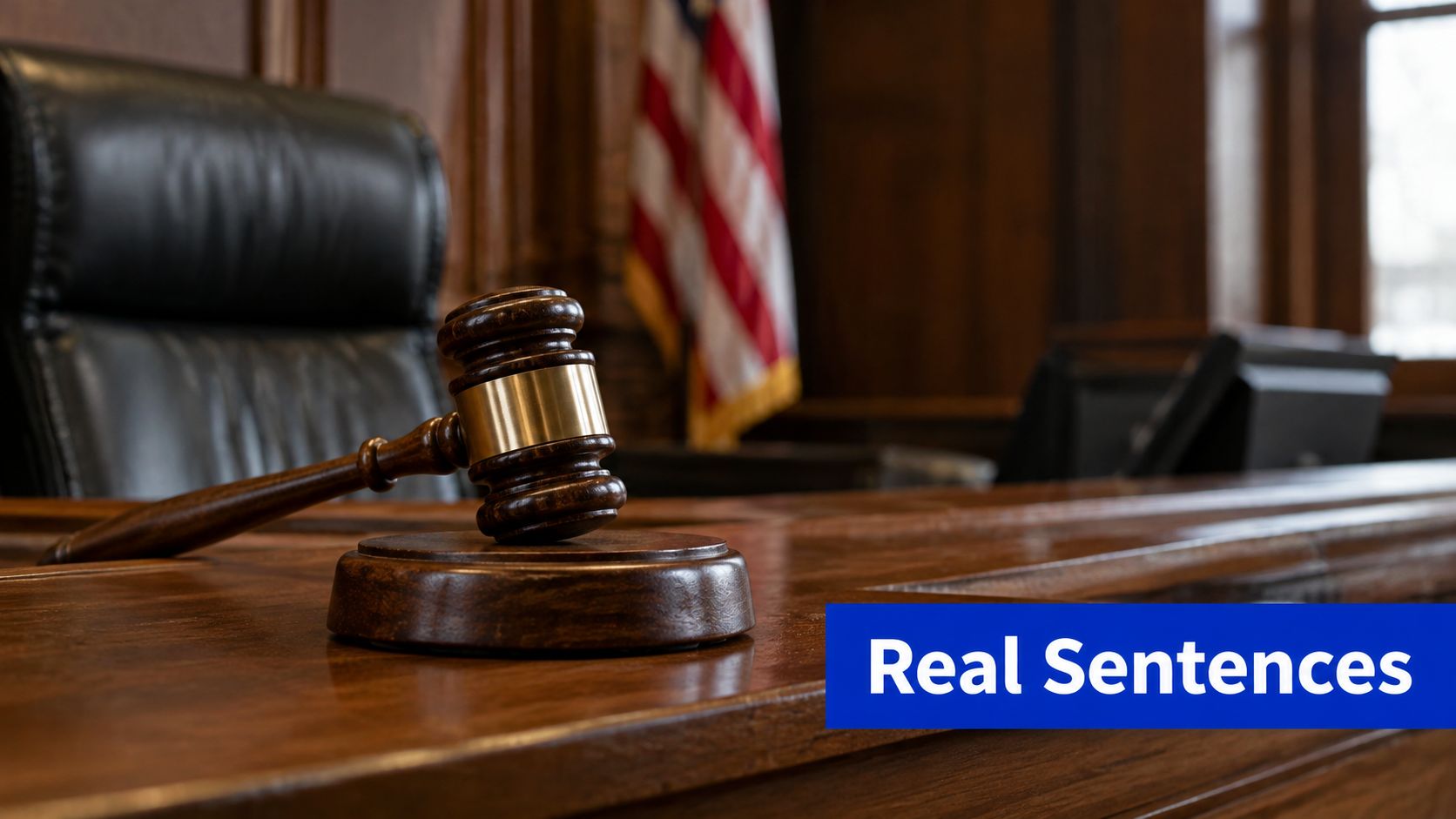 A wooden judges gavel rests on a courtroom bench with an American flag in the background.