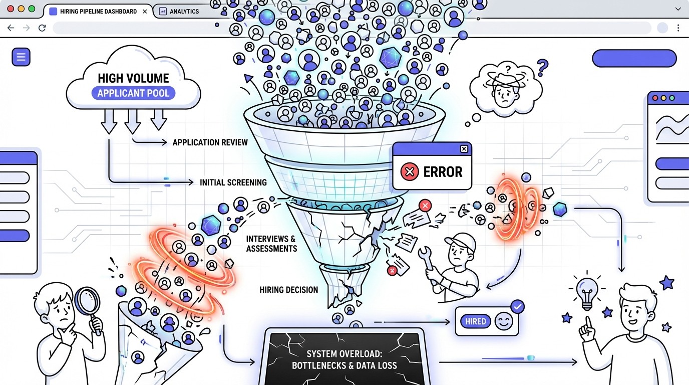 A modern diagram showing a sleek, translucent hiring funnel cracking and overflowing with glowing red and orange data points, symbolizing the breakdown of traditional hiring processes under high volume.