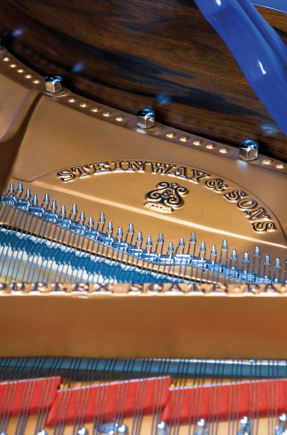 Detailed shot of the golden frame and tensioned strings, reflecting the precision of the piano restoration process.