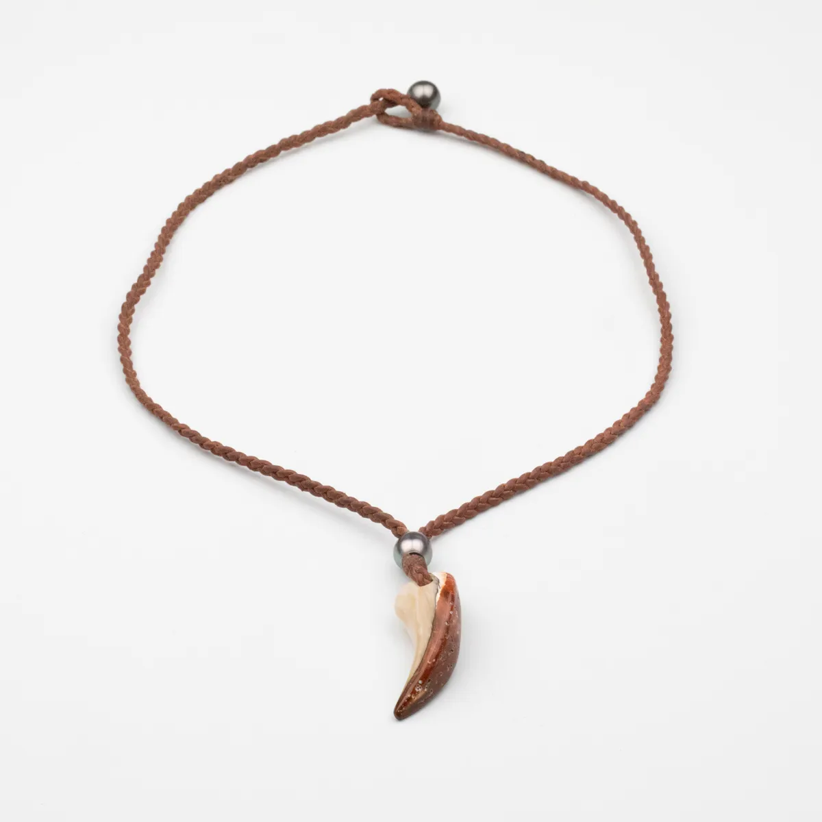Seashell and Tahitian Pearl choker necklace on braided brown leather cord with pearl toggle closure — Manos de Oro Saint Barth