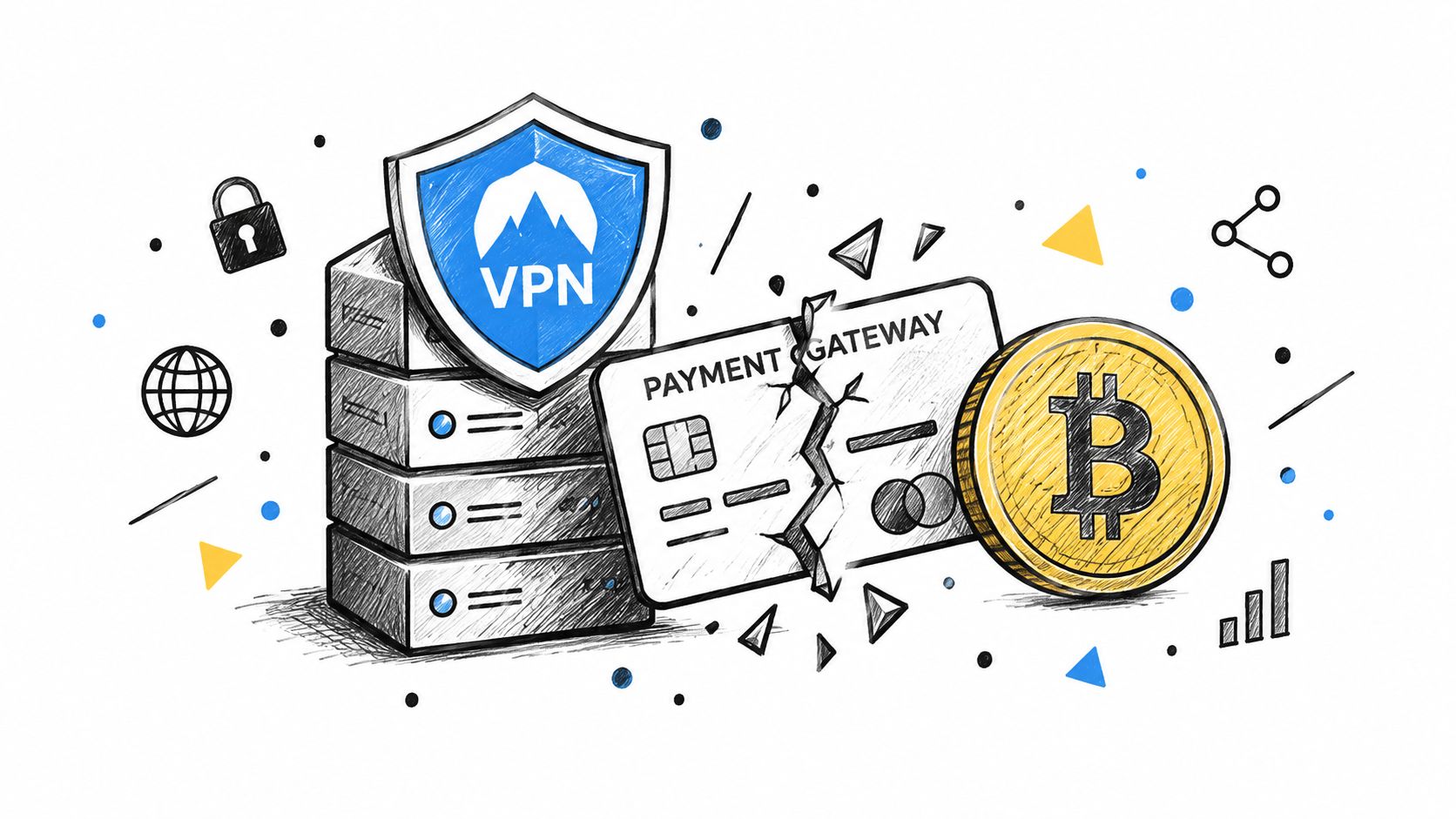A digital illustration showing a VPN shield over servers, a broken credit card, and a Bitcoin coin.