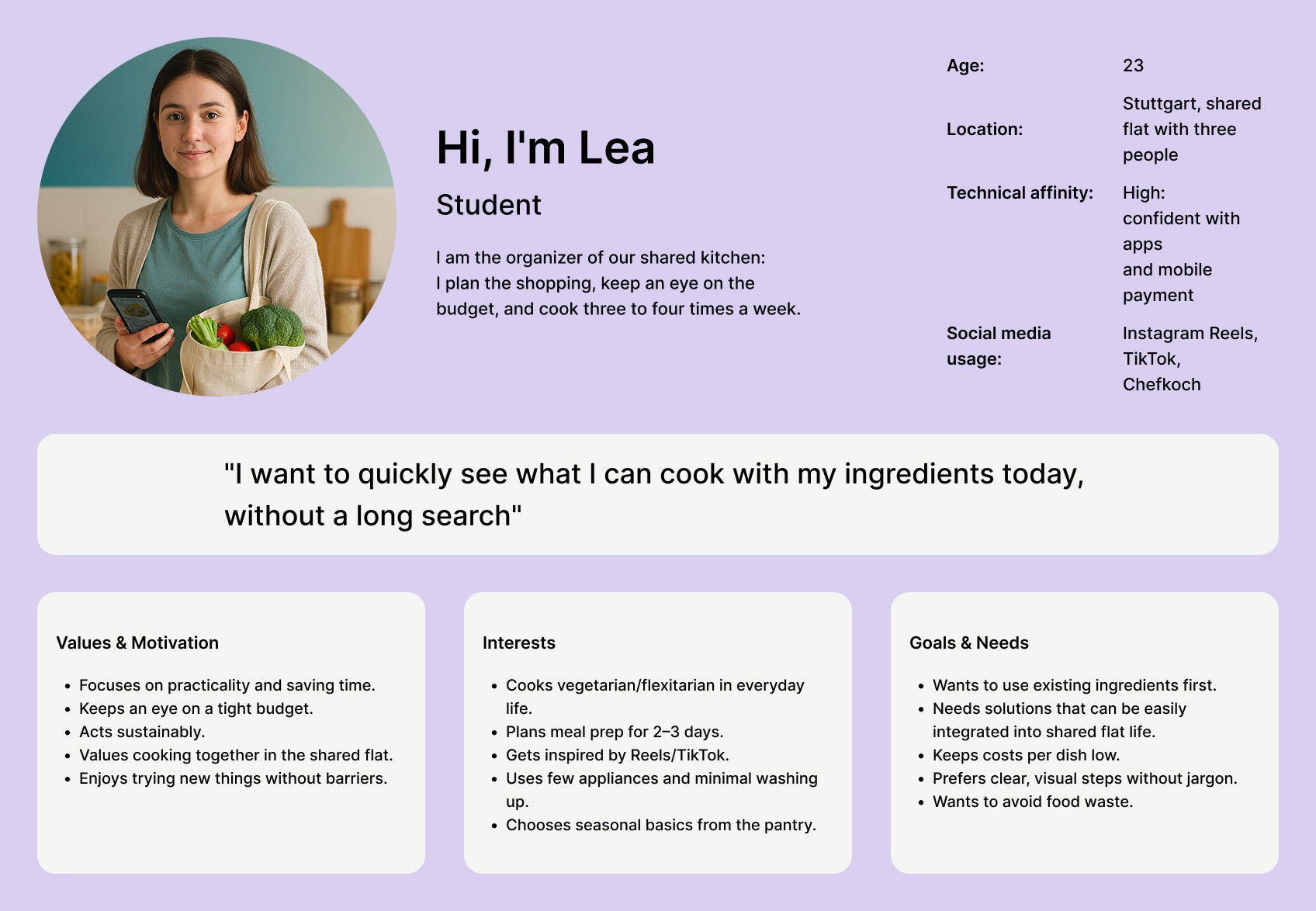 Persona card for Lea, a student home cook, showing photo, demographics, quote, and sections on values, interests, and cooking needs for the recipe app project.