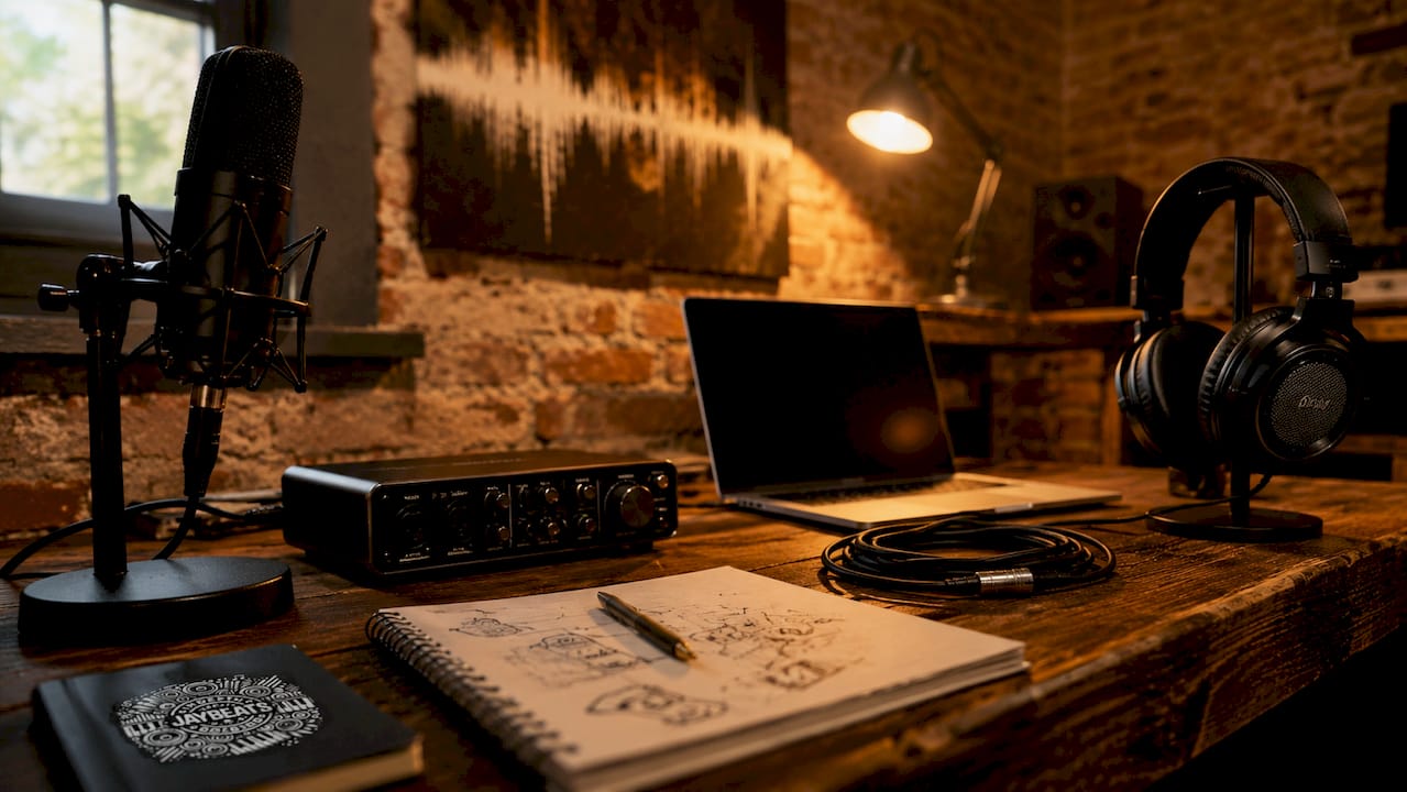 Home recording setup with audio interface and mic