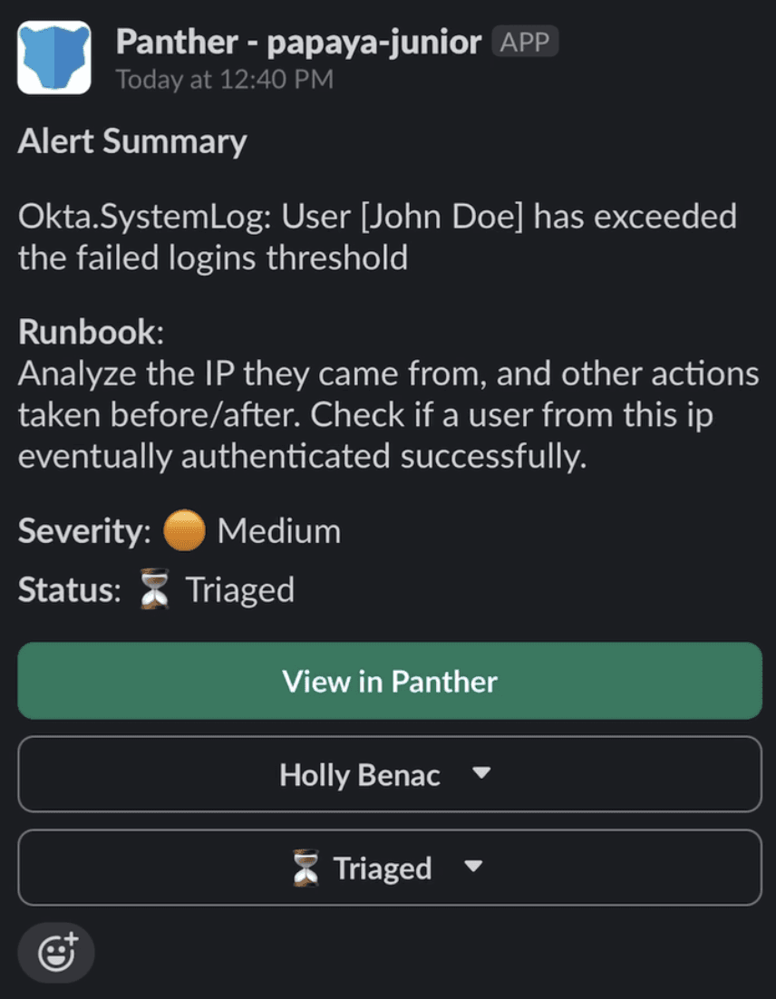 Slack message showing John Doe exceeding their failed logins threshold.