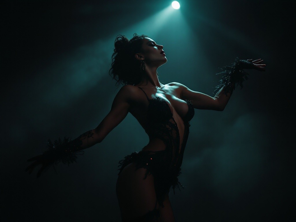 A woman in a black bodysuit poses dramatically under a single spotlight.