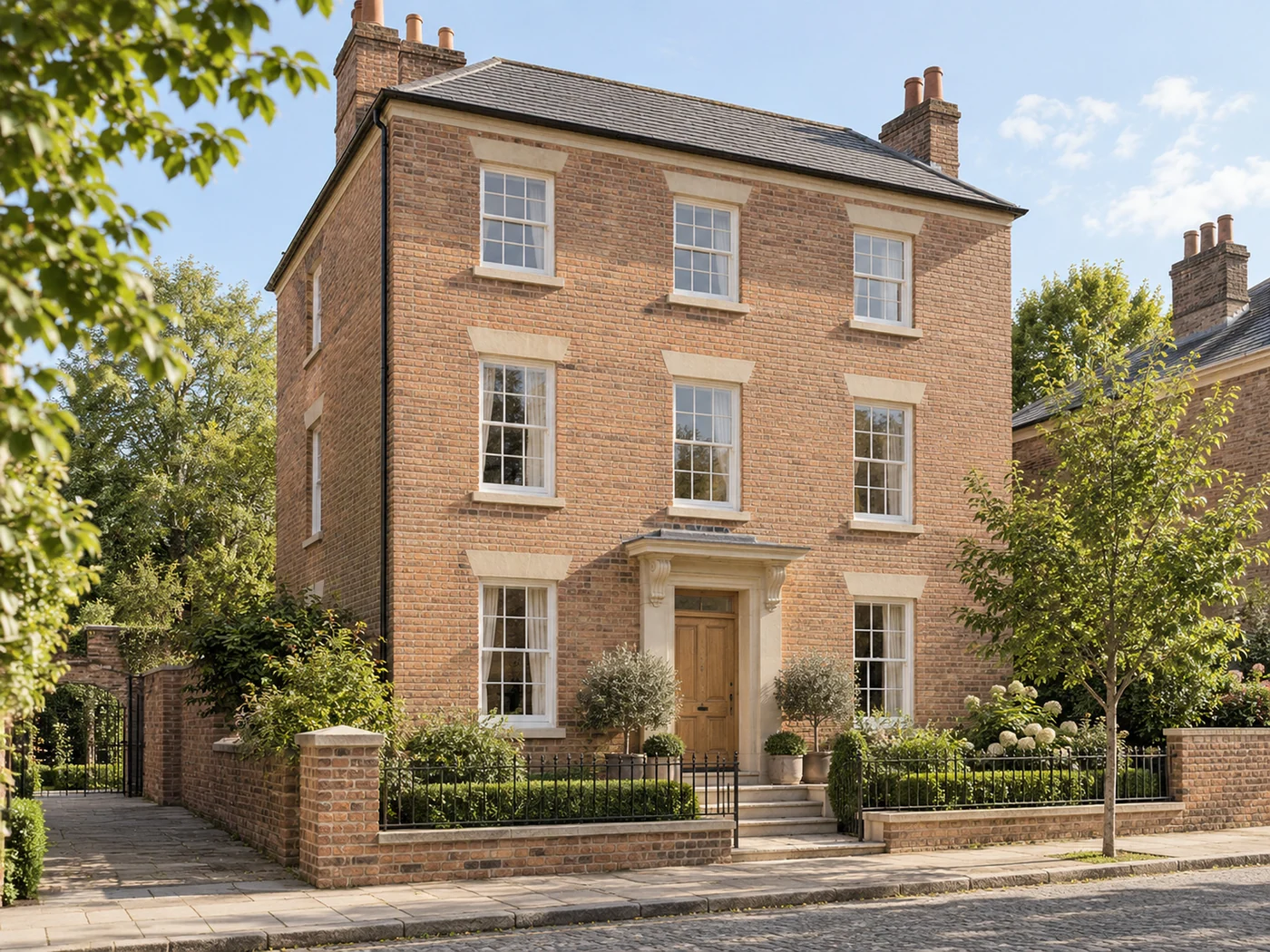 Brick townhouse with a planted front garden
