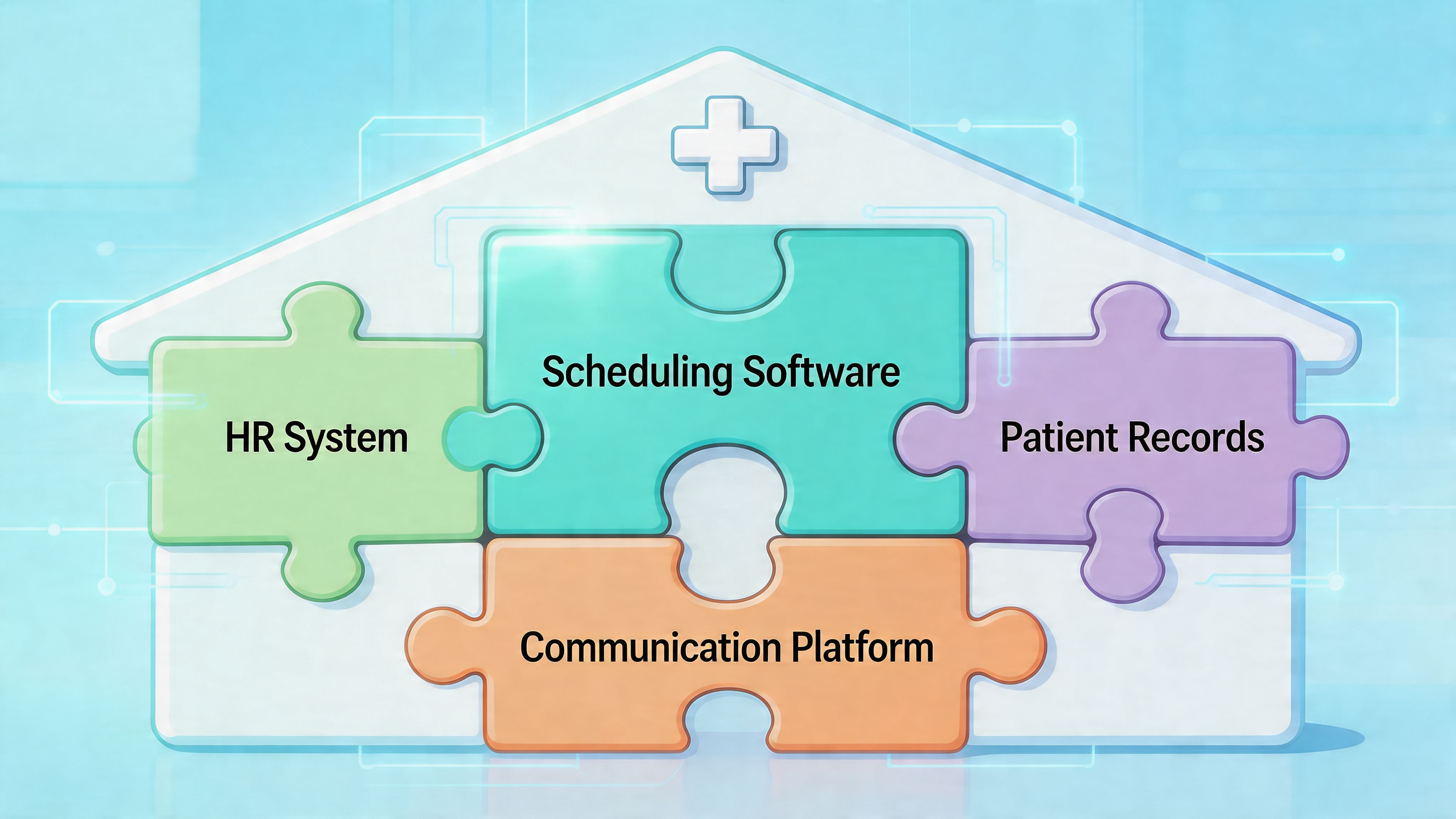A digital graphic depicting healthcare management components like scheduling software, HR, and patient records as interconnected puzzle pieces.