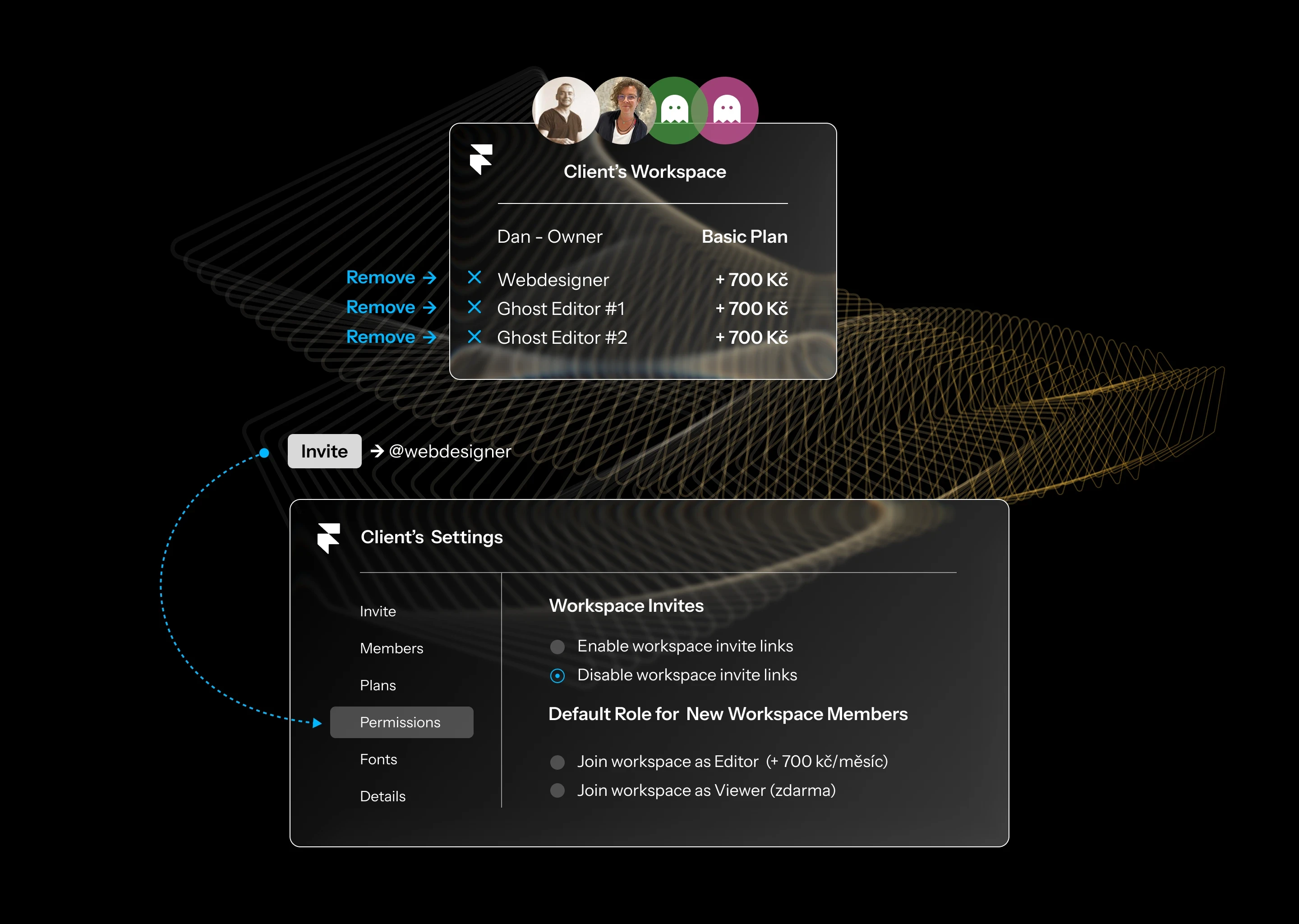 Hero image featuring a greyscaled communication platform on an abstract background.