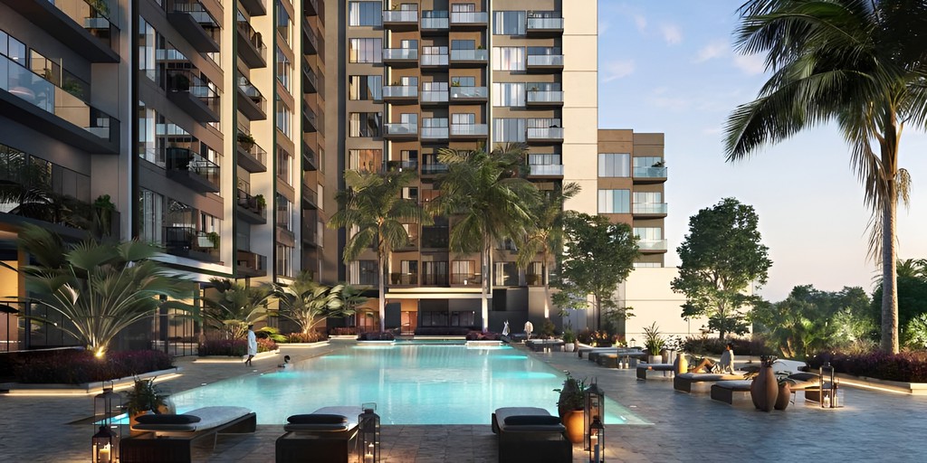 Artistic depiction of the Azizi Mirage office building in Dubai, highlighting its contemporary structure and surroundings.