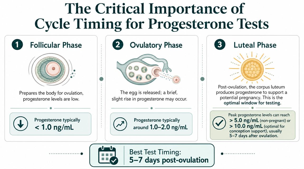 A diagram illustrating the three phases of the menstrual cycle and optimal progesterone blood test timing.