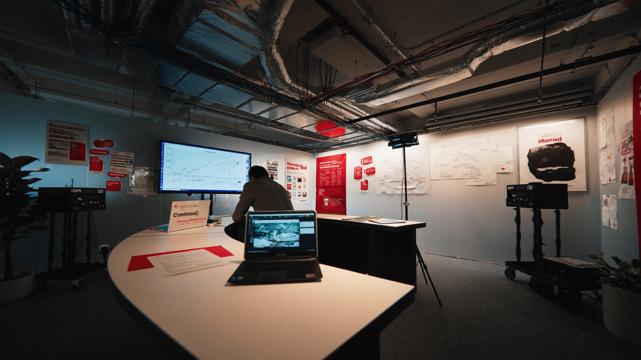 Startup office with growth charts and customer journey maps on display