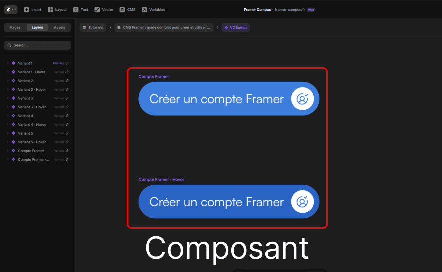 exemple d’un composant bouton dans framer avec variantes primary et hover dans l’éditeur