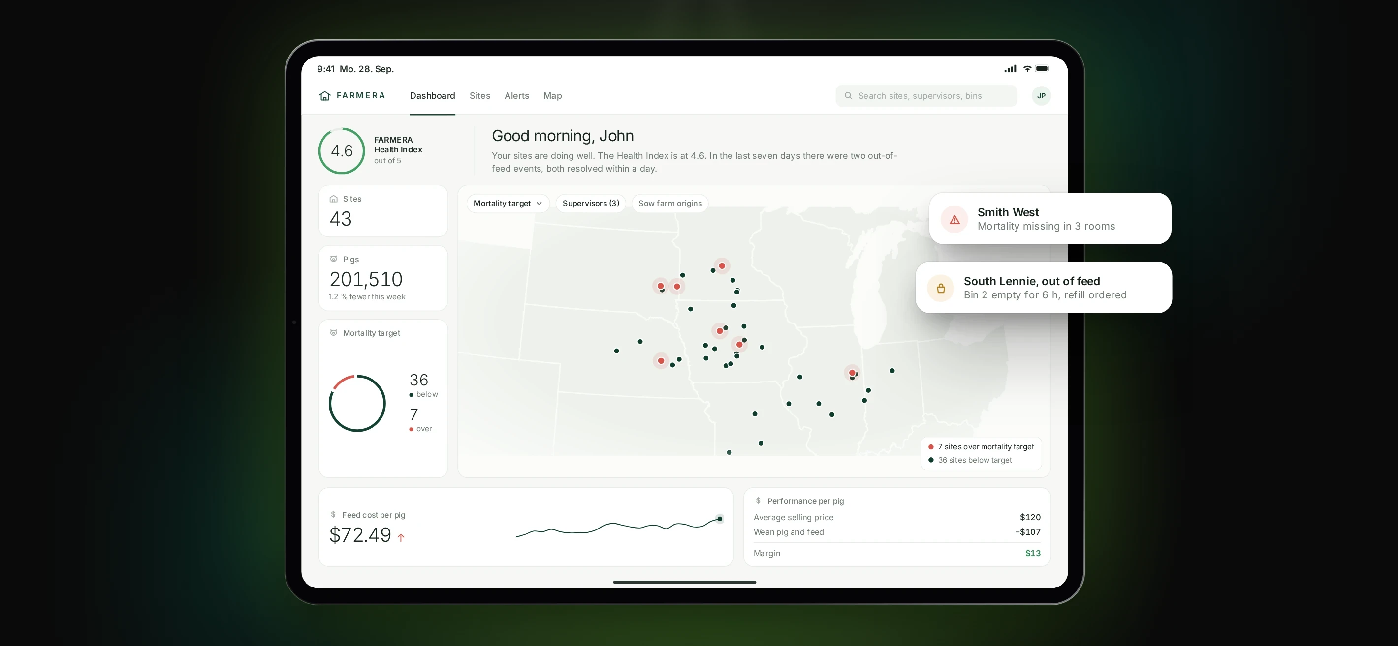 Illustrative interface: FARMERA dashboard with the health index, site map and mortality target