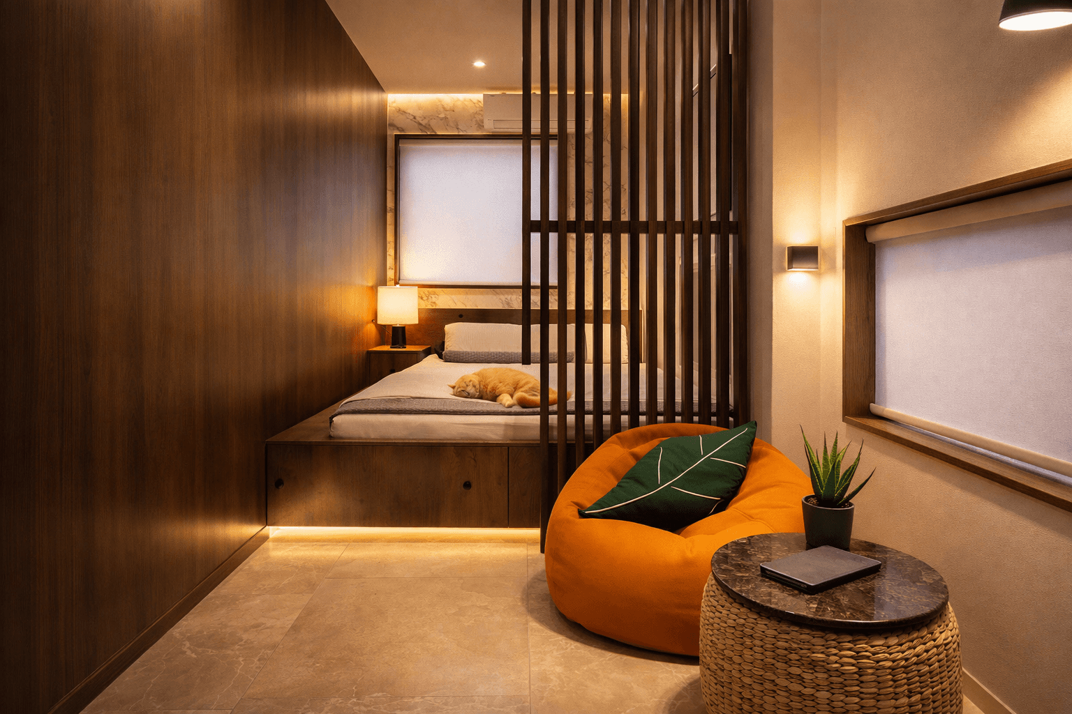 Cozy bedroom with a wooden bed platform, beanbag chair, and a small round table with a woven base.