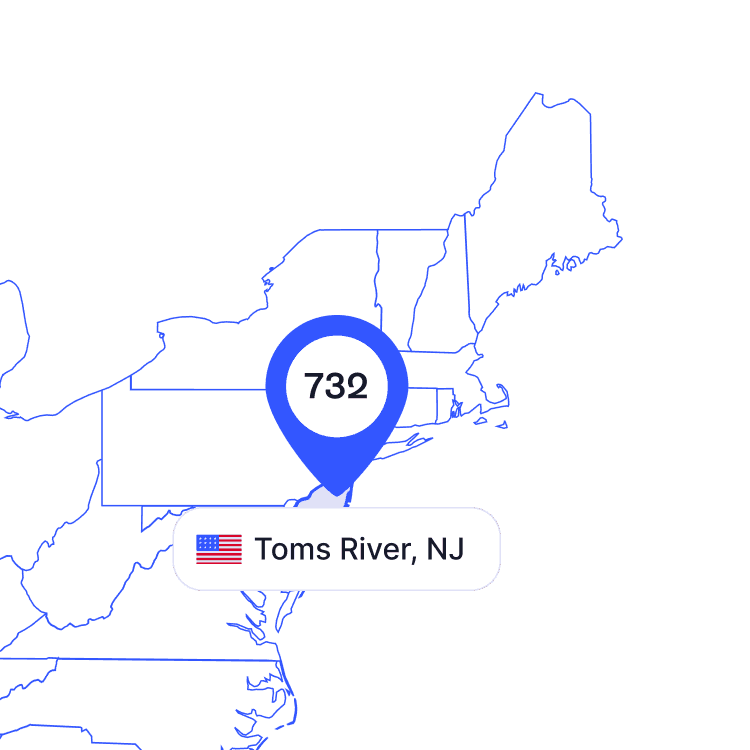 US map of 732 area code phone numbers and its coverage region