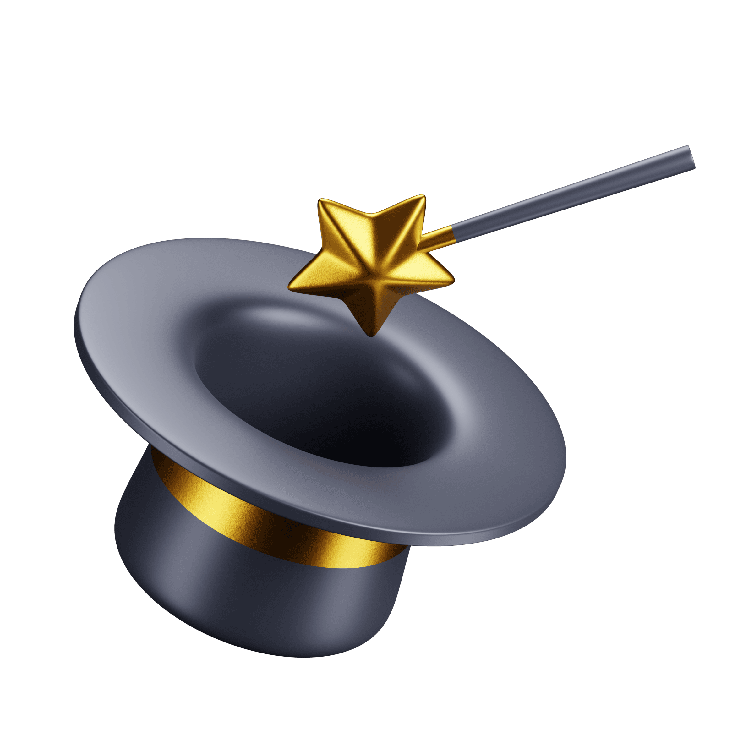 3D blue and gold magic hat with a star-tipped wand, illustrating Portray Digital Agency's creative and magical touch in digital marketing and web design, on a dark background