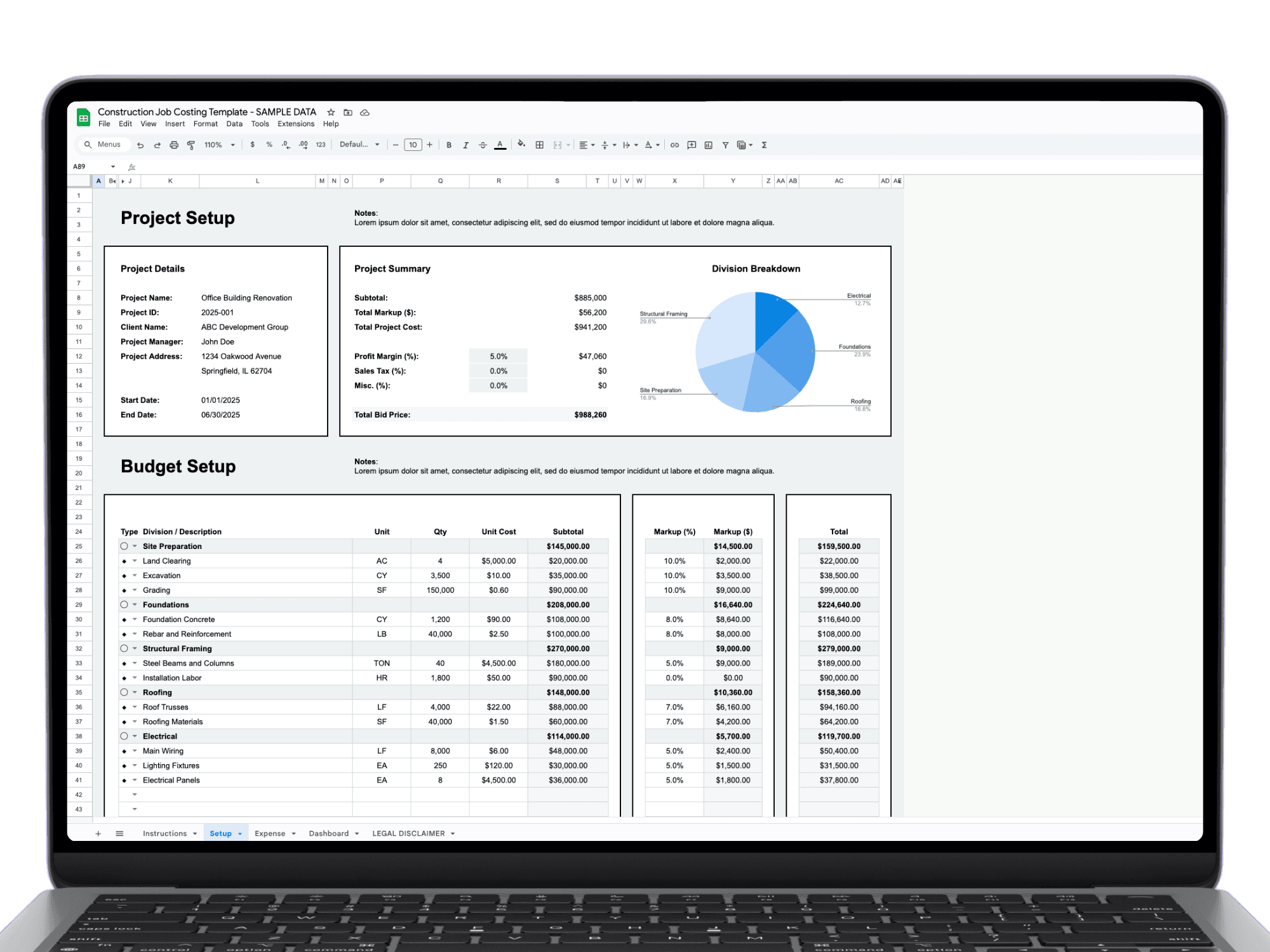 Laptop mockup of the Job Costing Tracker setup tab in Google Sheets with project details, summary KPIs, division pie chart, and budget setup table