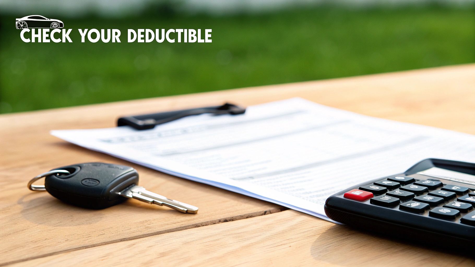 Car keys, a calculator, and a document on a wooden table, emphasizing car insurance deductible checks.