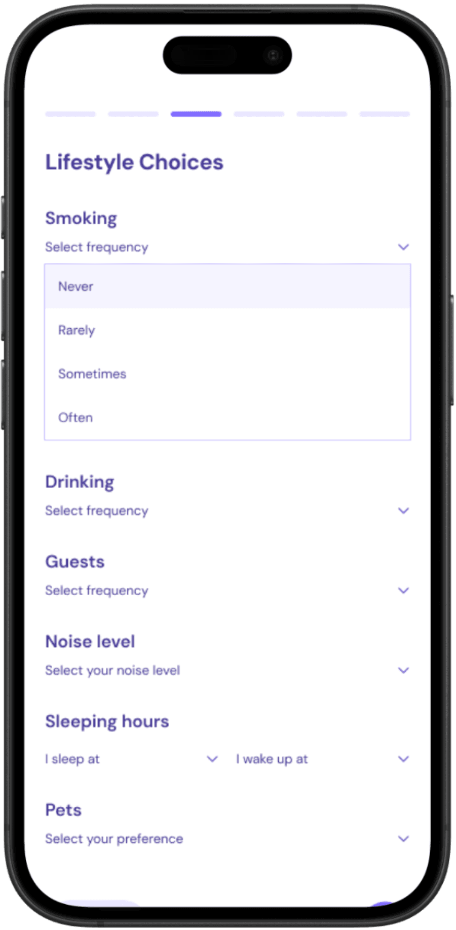 RoomU lifestyle quiz screen