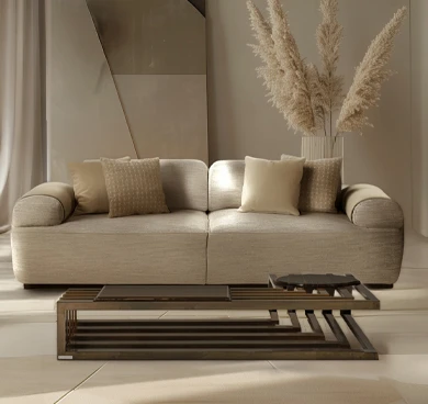 Luxury contemporary sofa with pillows in a modern minimalistic livingroom