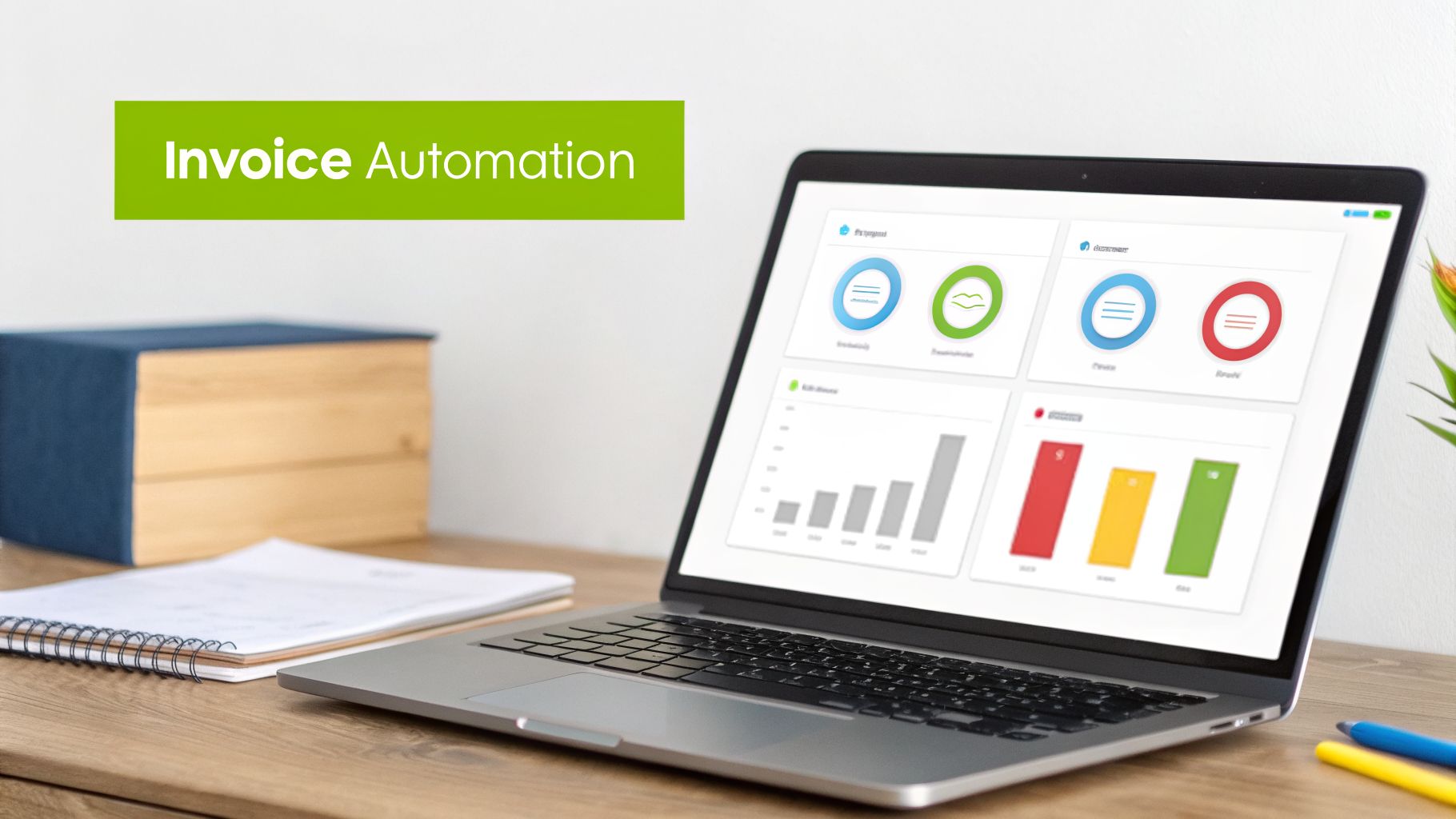 A laptop on a wooden desk displaying an invoice automation dashboard with charts and data.