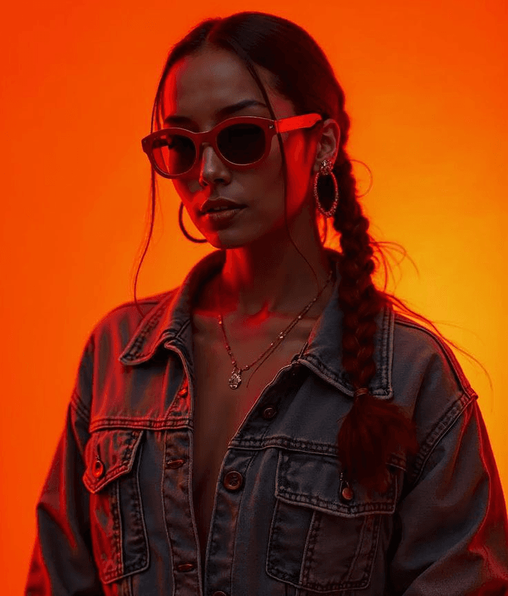 Woman with braided hair and sunglasses, wearing a denim jacket, stands against a vibrant orange background. The mood is bold and confident.