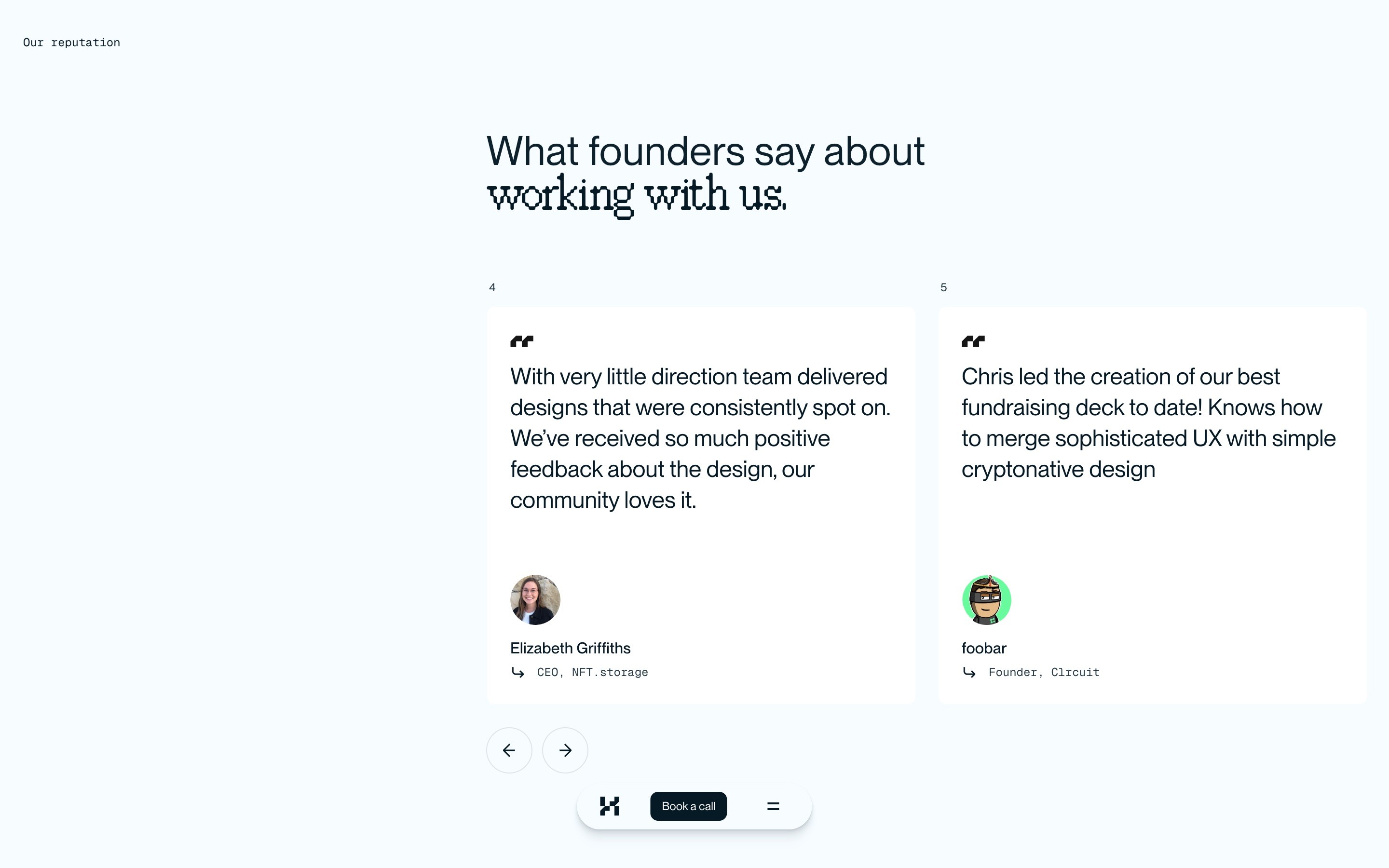 The image displays a clean, minimalist webpage with quotes from professionals, praising design work and UX expertise, featuring a light background and concise text for easy readability.