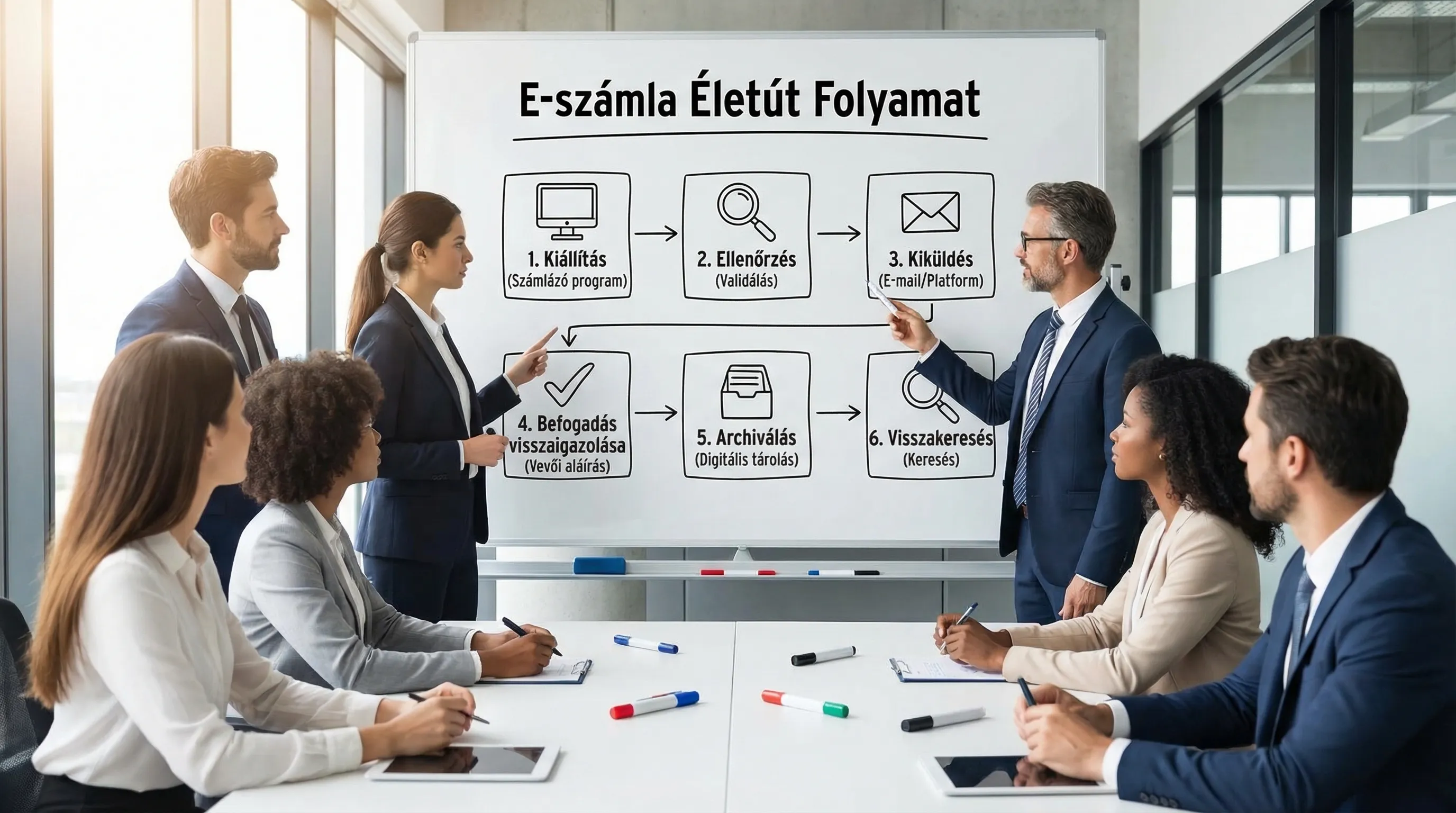 Folyamatábra az e-számla életútjáról: kiállítás, ellenőrzés, kiküldés, befogadás visszaigazolása, archiválás és visszakeresés.