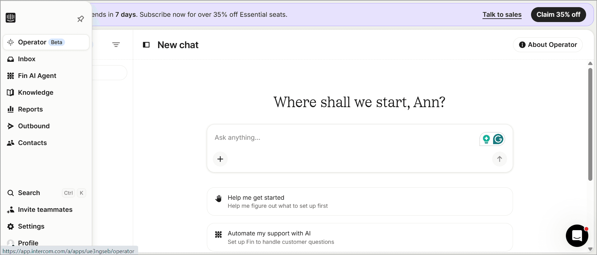 Create account on intercom