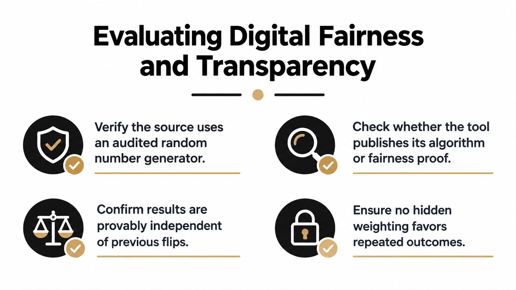 An infographic titled Evaluating Digital Fairness and Transparency listing four key criteria for checking algorithm integrity.