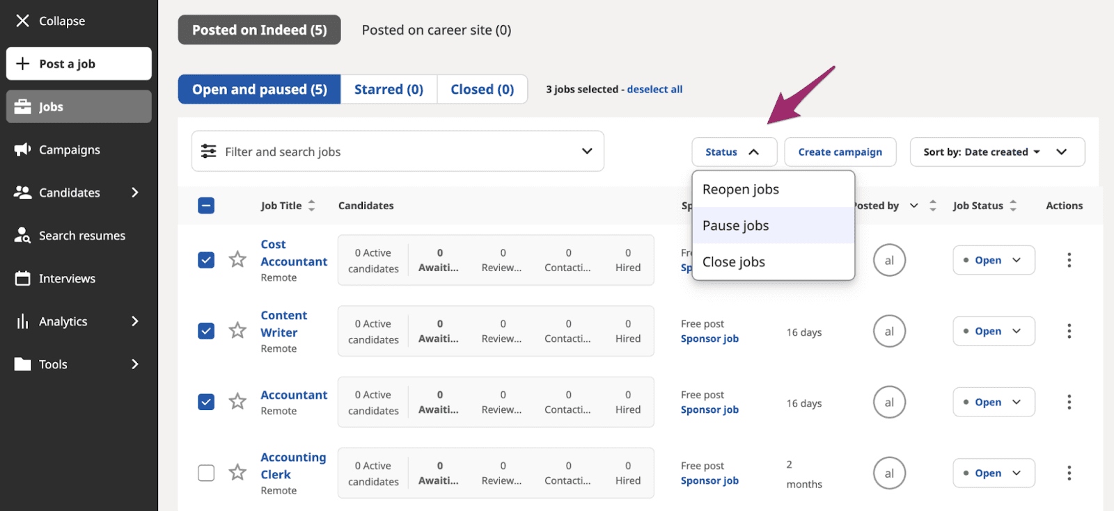 Interface of Indeed Recruiter software