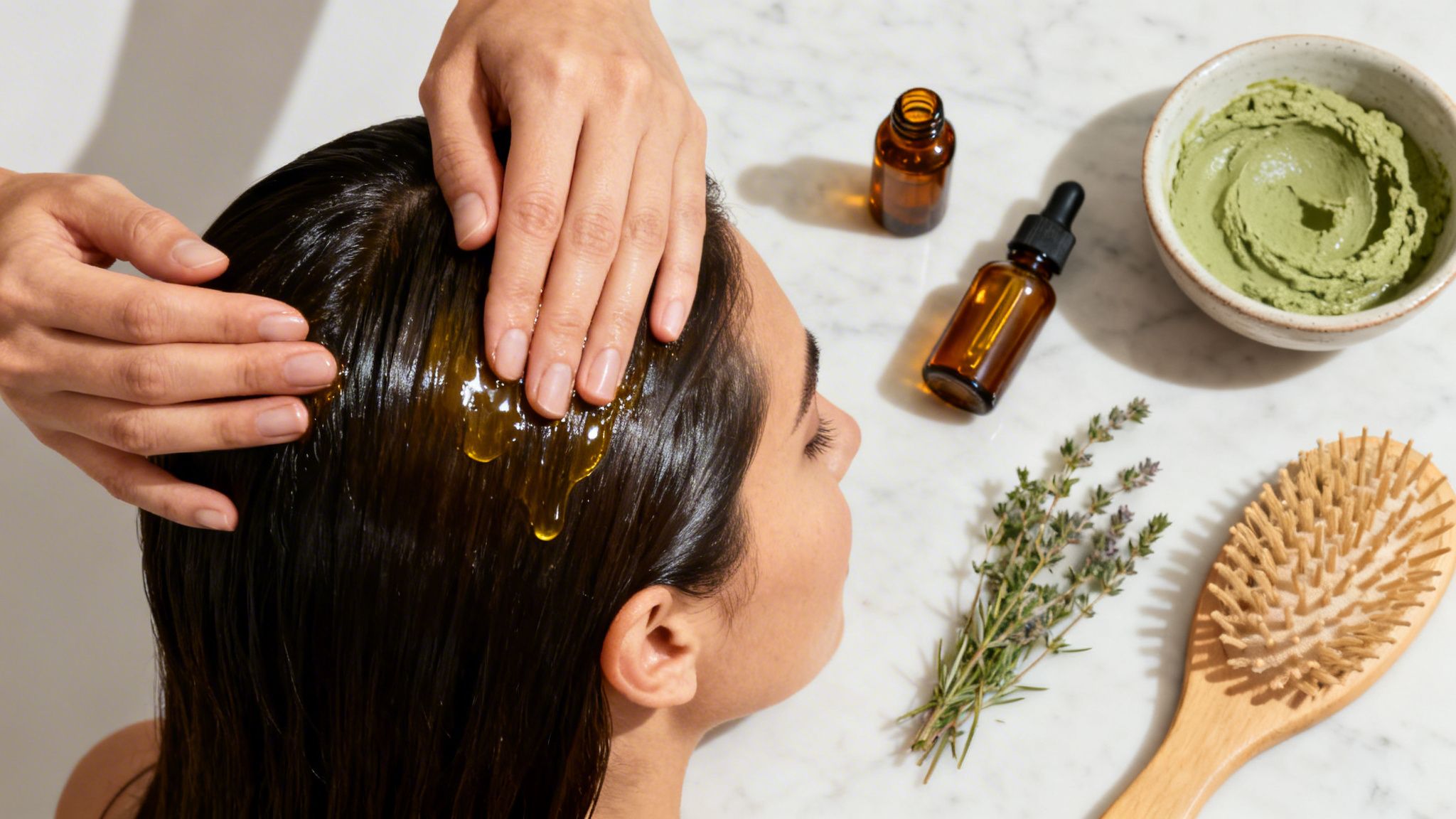 Woman getting oil put on her hair