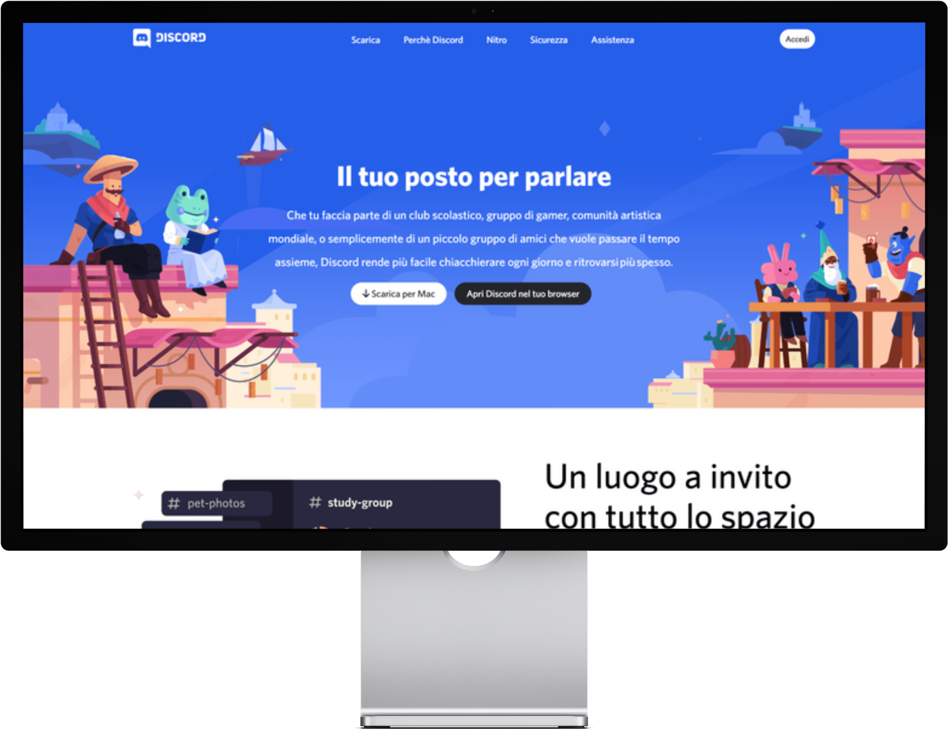 A mockup of a Macbook with the hero of the Discord website