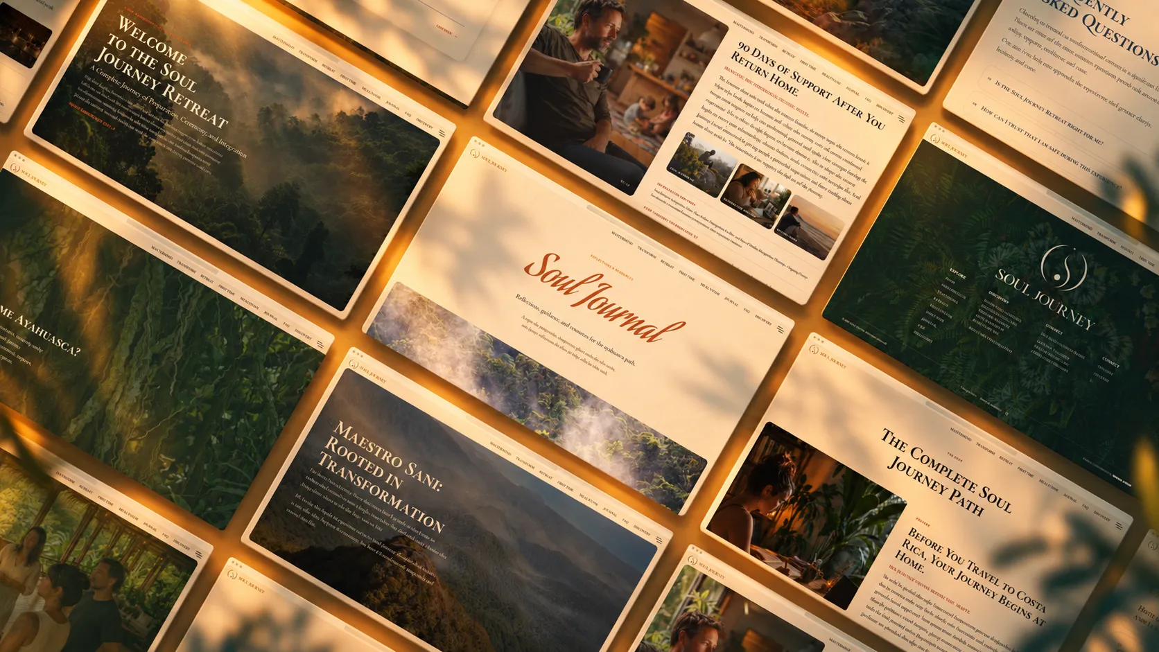 Collection of Soul Journey website pages presented across multiple screens in warm natural light