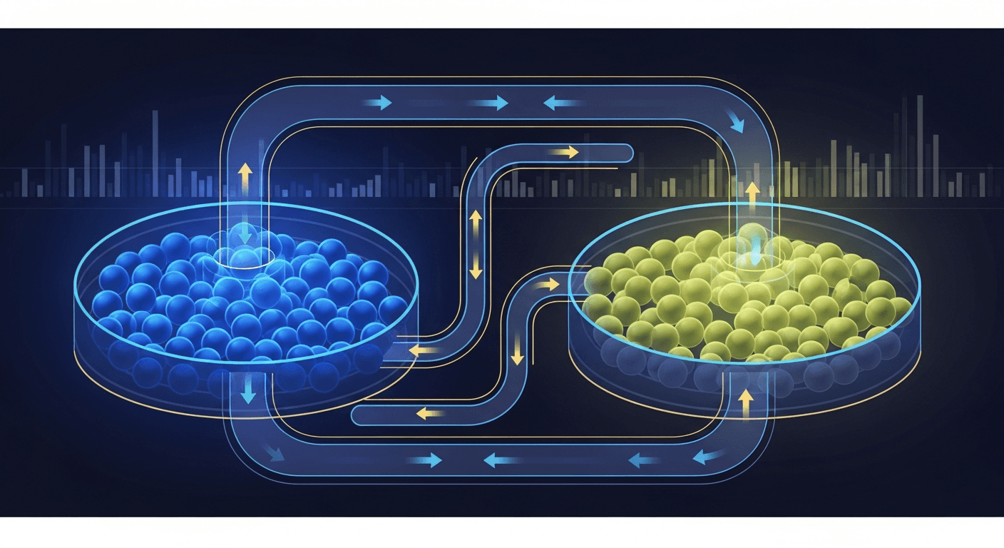 Abstract illustration of liquidity flowing between two token reserves on a Solana blockchain, showing concentrated liquidity range bars in blue and green tones