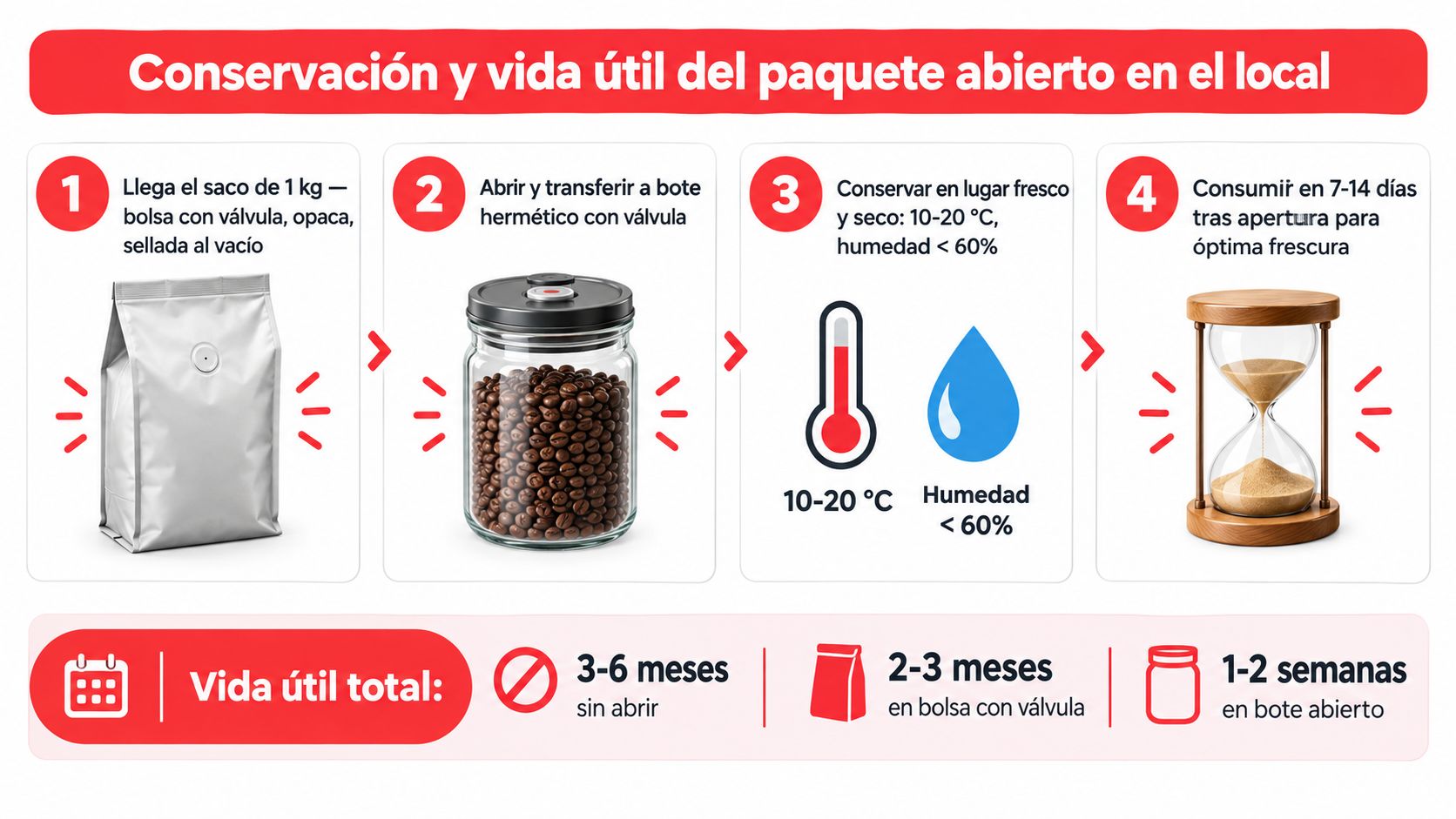 Infografía sobre la conservación y vida útil recomendada para el café en grano tras su apertura.