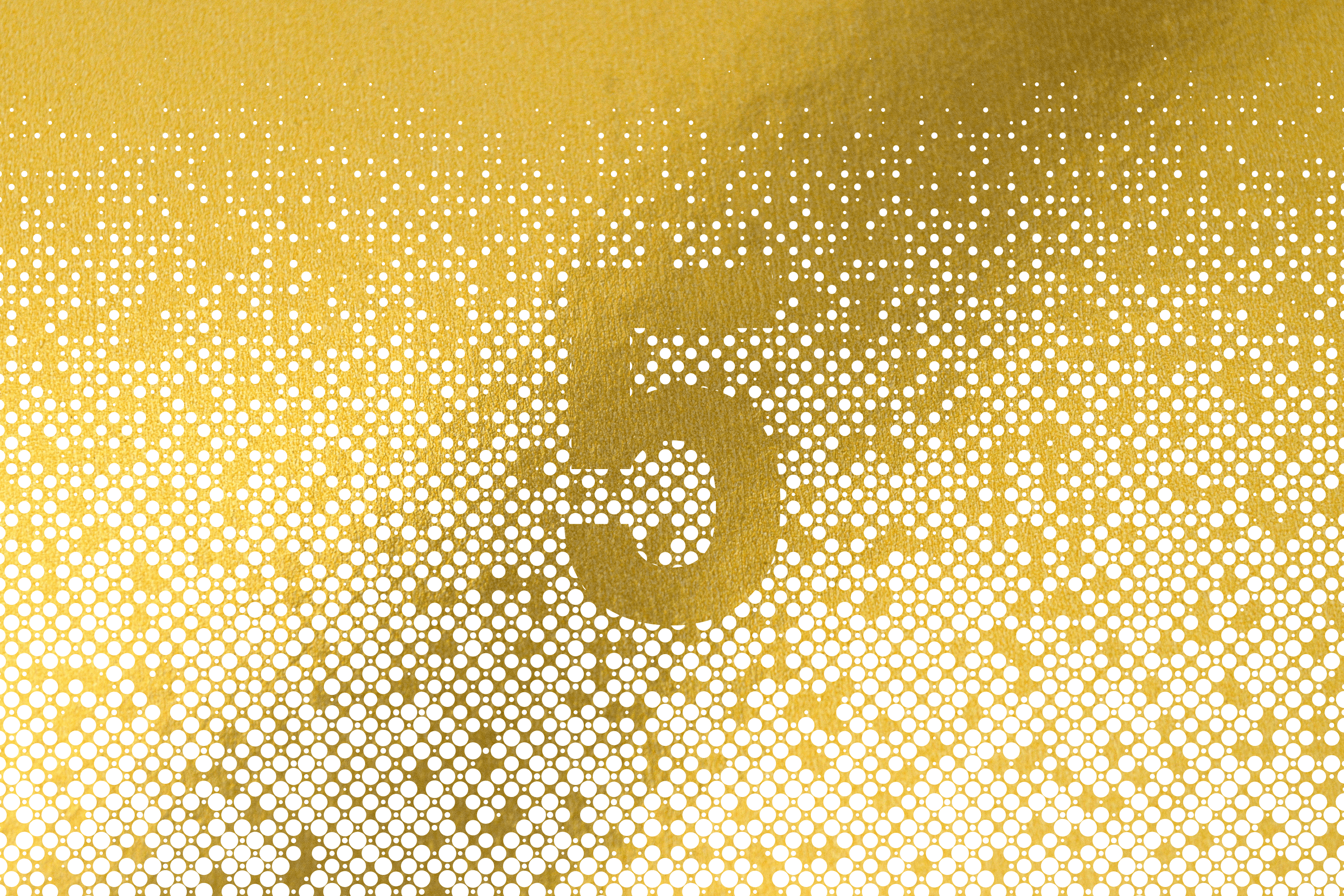 Gold background with a large number 5 and white polka dots.