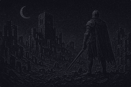 Background picture for a card with a knight looking at an old destroyed city.