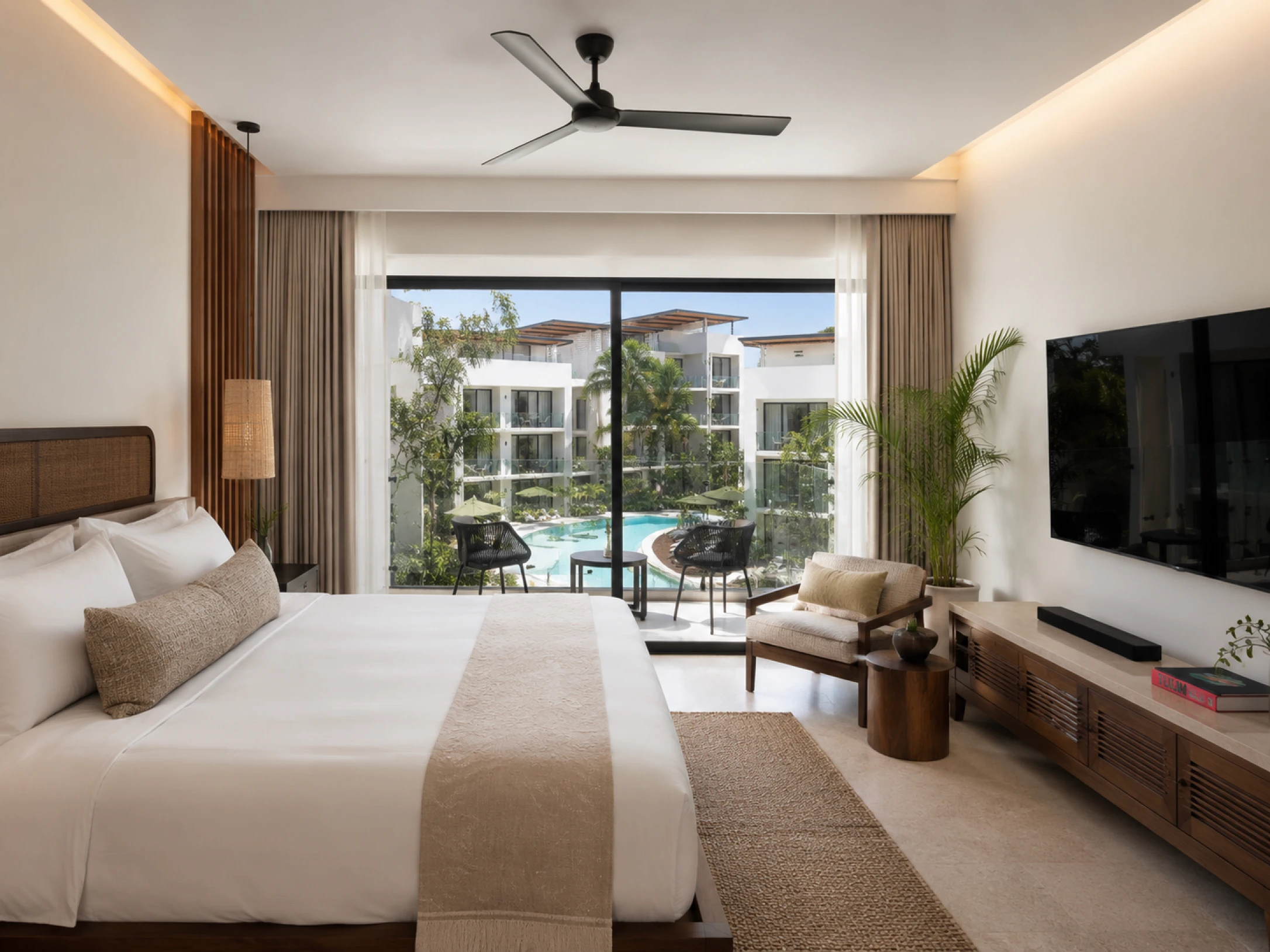 Quarto de hotel moderno com cama de casal, televisão, varanda e vista para a piscina e os jardins.