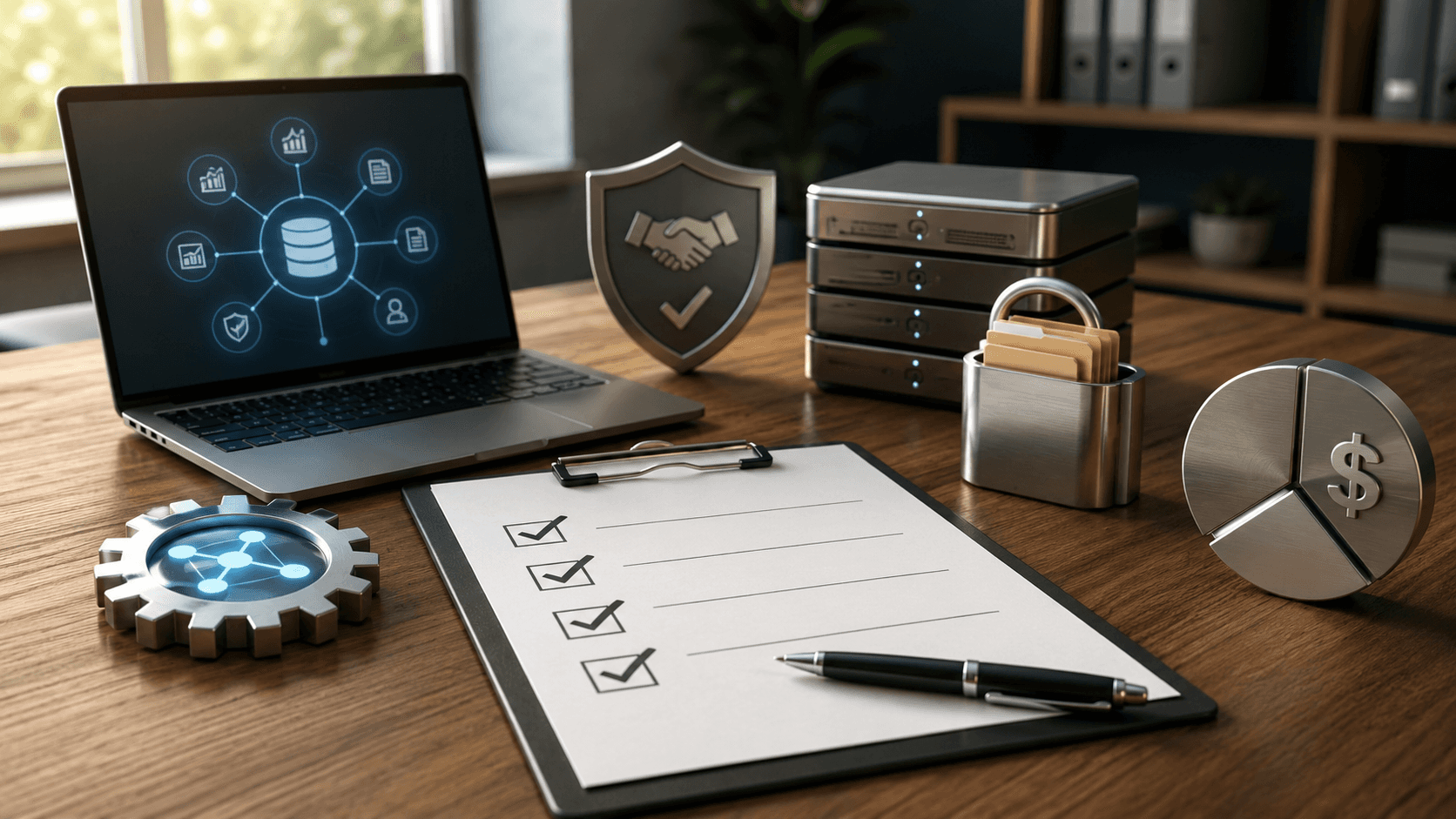 Imagem 16:9 em estilo realista 3D mostrando uma mesa corporativa moderna e organizada. Sobre a mesa há um notebook exibindo um diagrama de integração de sistemas, uma prancheta com checklist marcado, um ícone de escudo representando garantia contratual e SLA, um cadeado com pastas simbolizando exportação e posse dos dados, engrenagens representando integração nativa com ERP e um gráfico financeiro metálico simples indicando modelo de precificação previsível. Ambiente executivo bem iluminado, materiais metálicos e acabamento premium, sem pessoas, sem texto visível, sem divisões na imagem, composição única e limpa com foco em tecnologia, segurança, governança de dados e contratos empresariais.