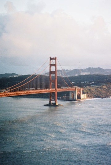 Golden Gate Bridge at dusk viewed from the waterfront