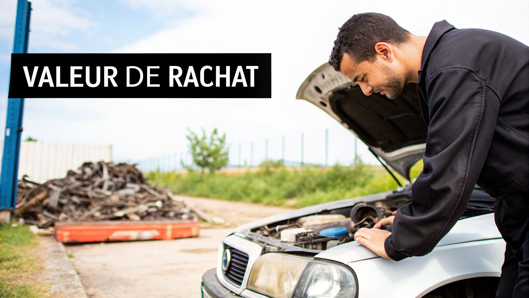 Un mécanicien examine le moteur d'une voiture blanche, avec une pile de ferraille en arrière-plan et le texte 'VALEUR DE RACHAT'.