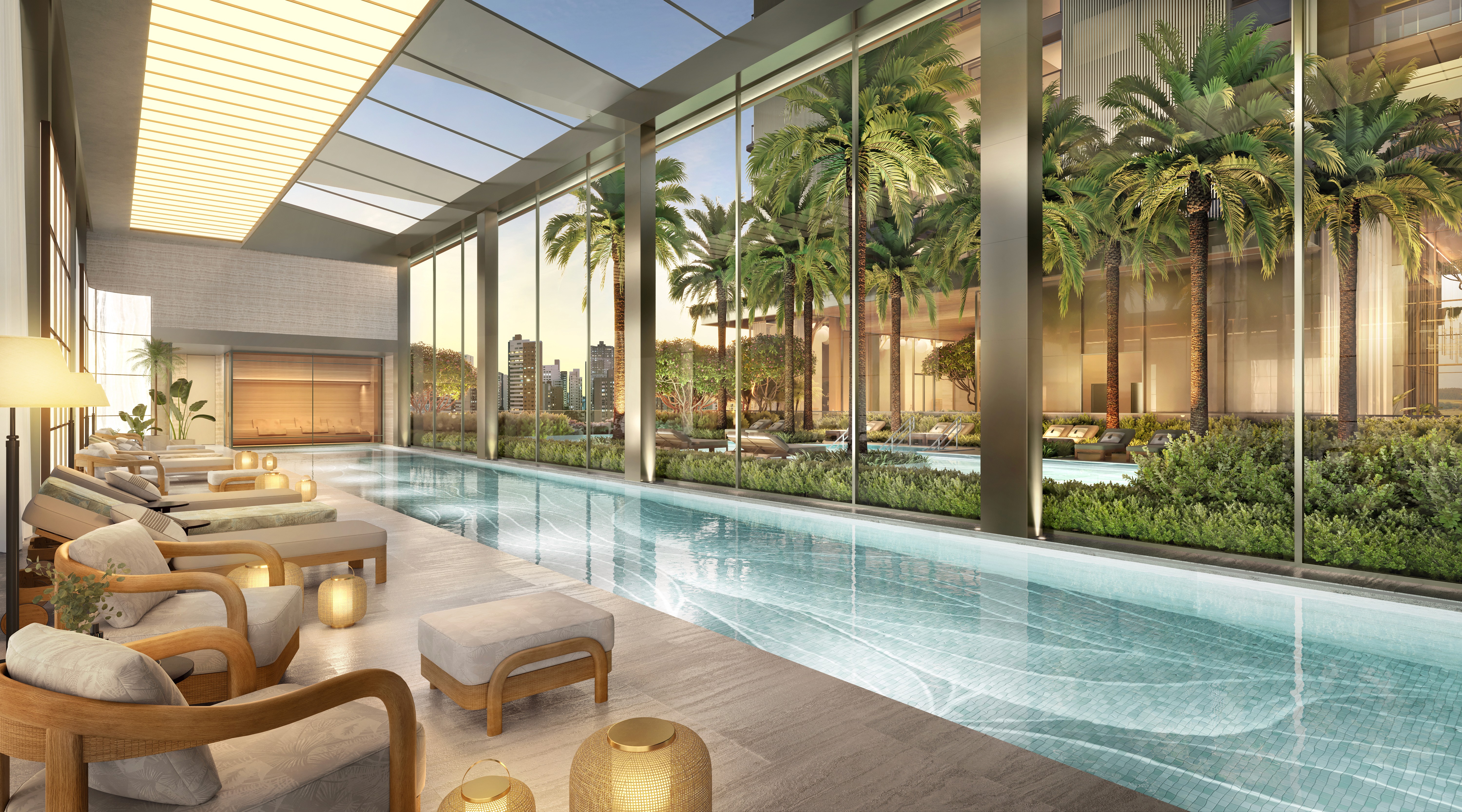 Curved modern skyscraper against a clear blue sky.