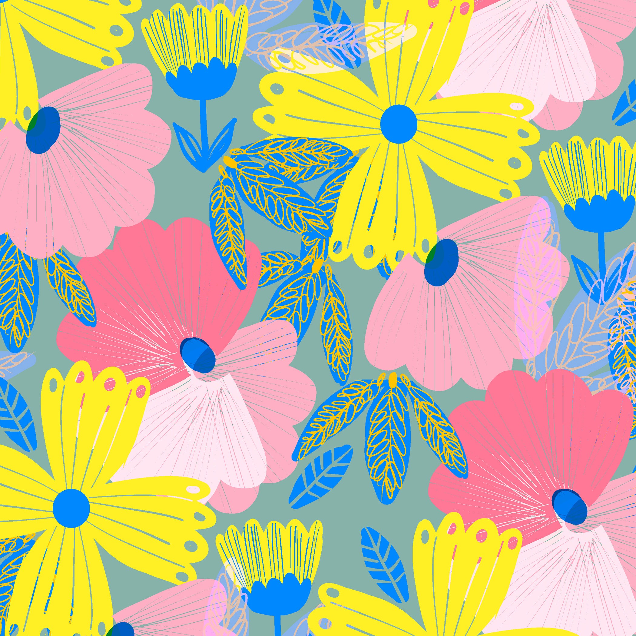 Grey background yellow pink florals