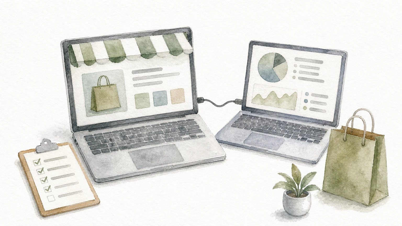 Two laptops connected by a cable with a clipboard checklist and shopping bag nearby.