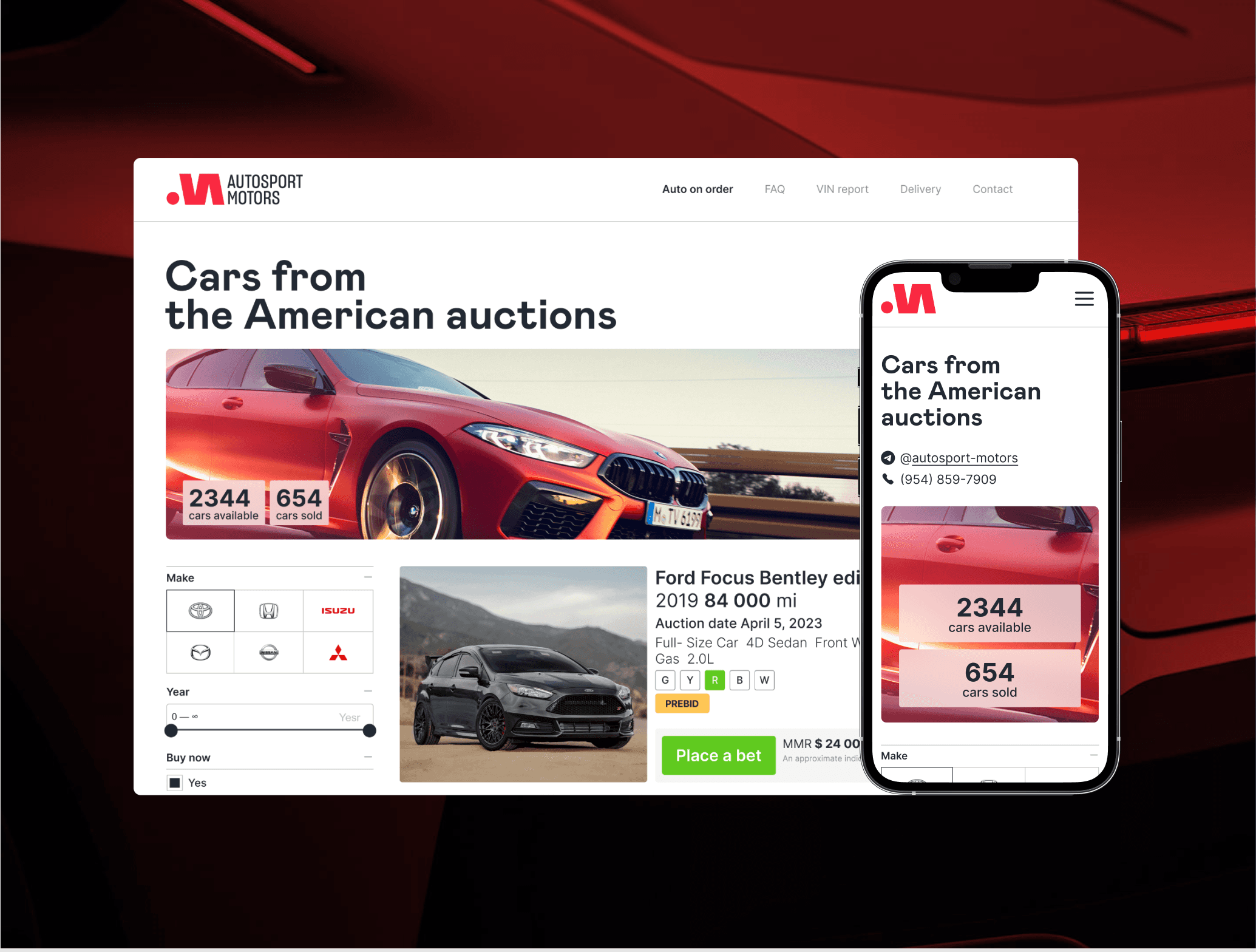 Autosport Motors American car auctions website and mobile view with listings